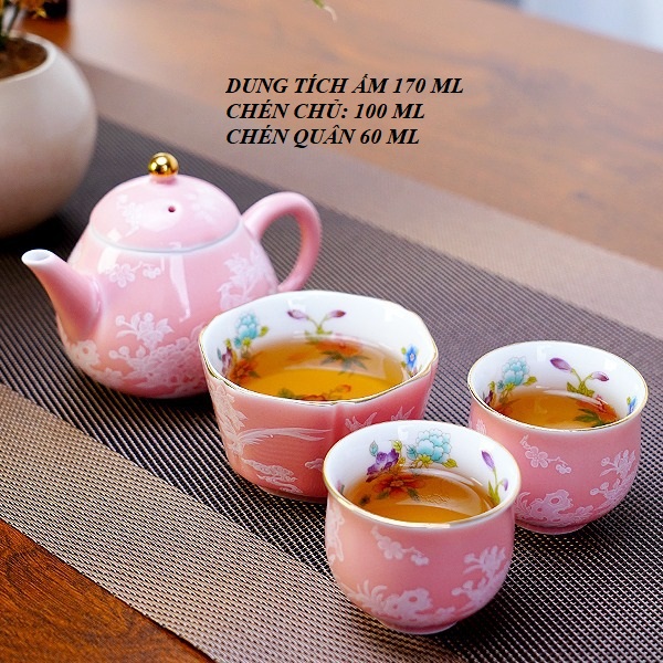 Bộ Ấm Chén Pha Trà Hoa Điểu Dáng Ấm Long Đán Bằng Sứ Cảnh Đức Trấn