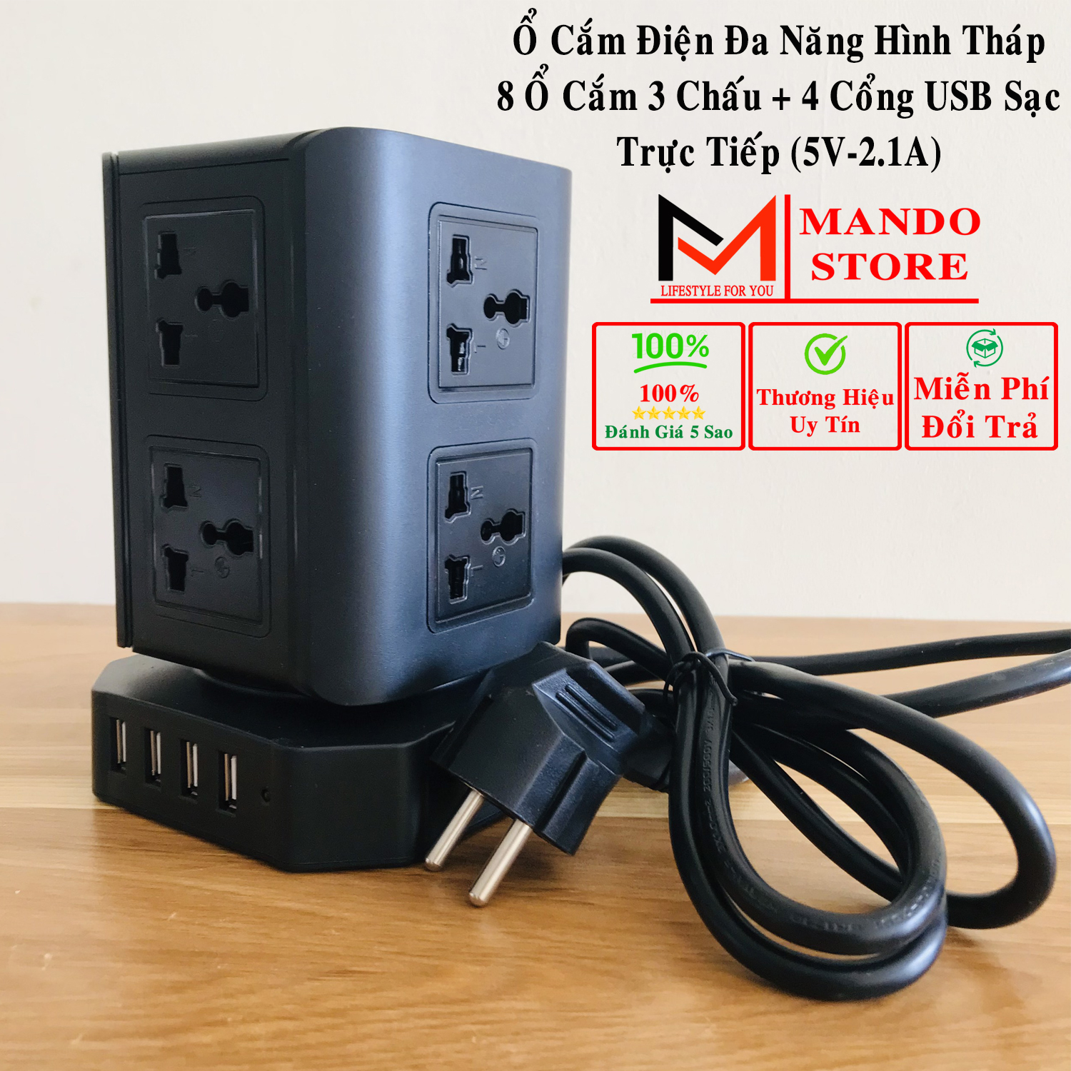 Ổ Cắm Điện Đa Năng Hình Tháp Nhiều Tầng A8 Chịu Tải 2500W – 8 Ổ Cắm – 4 Cổng USB Sạc Điện Thoại Trực