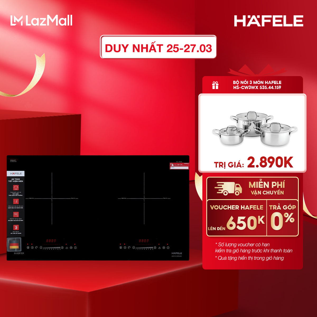 Bếp từ 2 vùng nấu Hafele HC-I7325B - Lắp âm, Kích thước 730x430mm, Màu đen