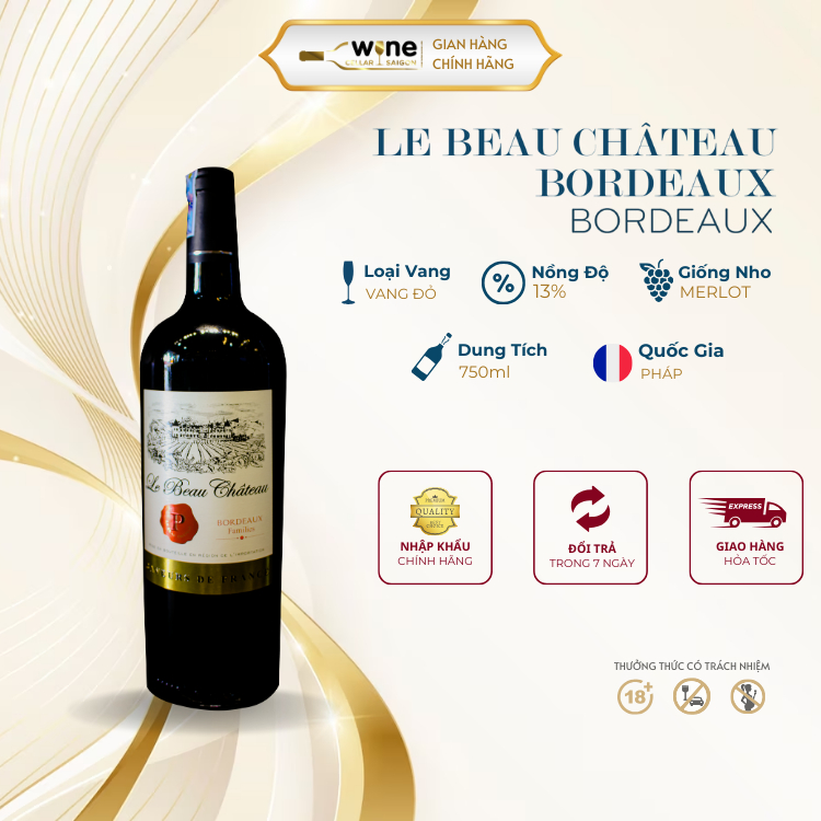 Rượu vang đỏ Pháp Le Beau Château chính hãng nhập khẩu 750ml nồng độ cồn 13% giống nho Merlot Rượu Vang Sài Gòn