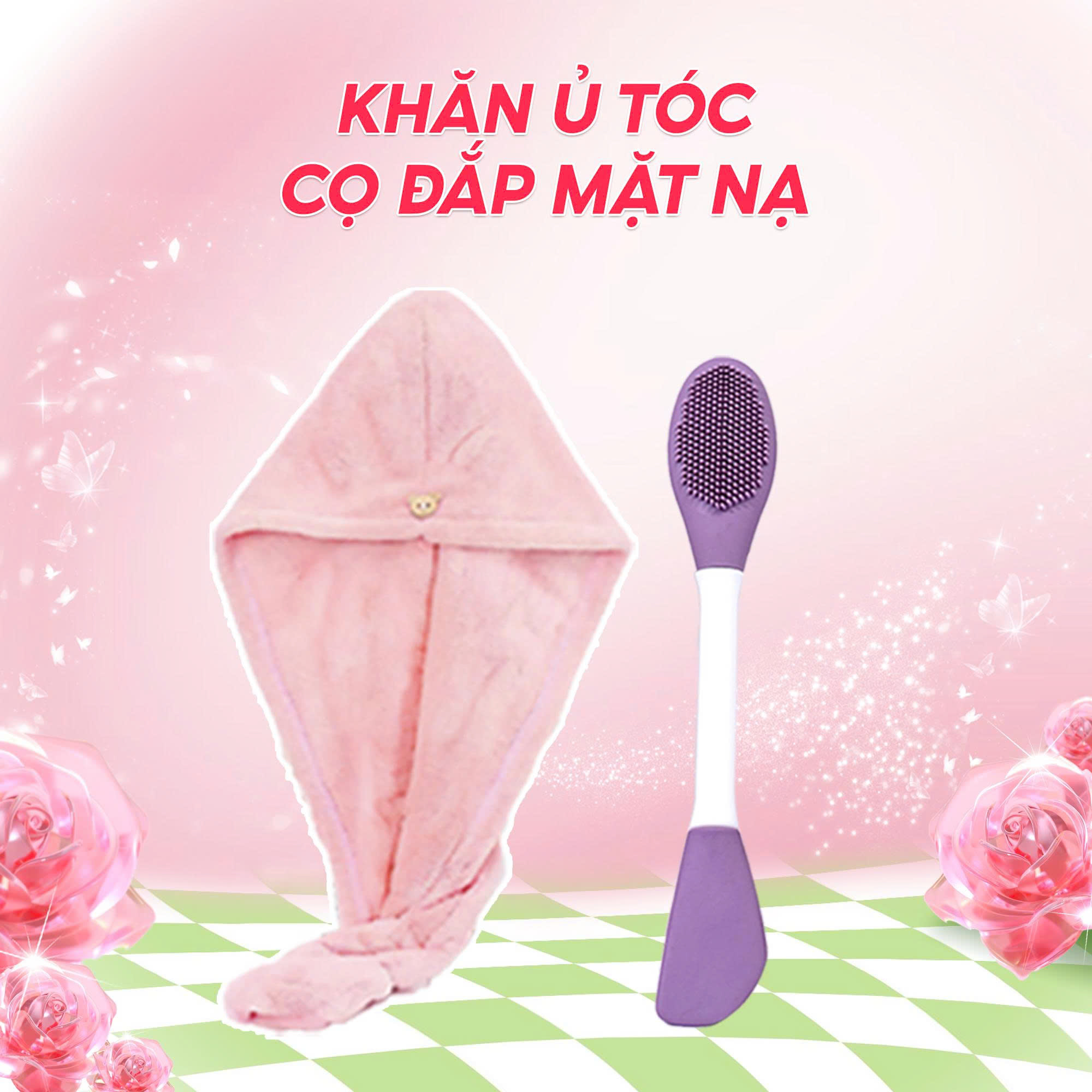 [HÀNG TẶNG - GIFT] QUÀ TẶNG CHO Máy sấy tóc SeeMee Tháng 10: Khăn ủ tóc hồng + Cọ Đắp Mặt Nạ