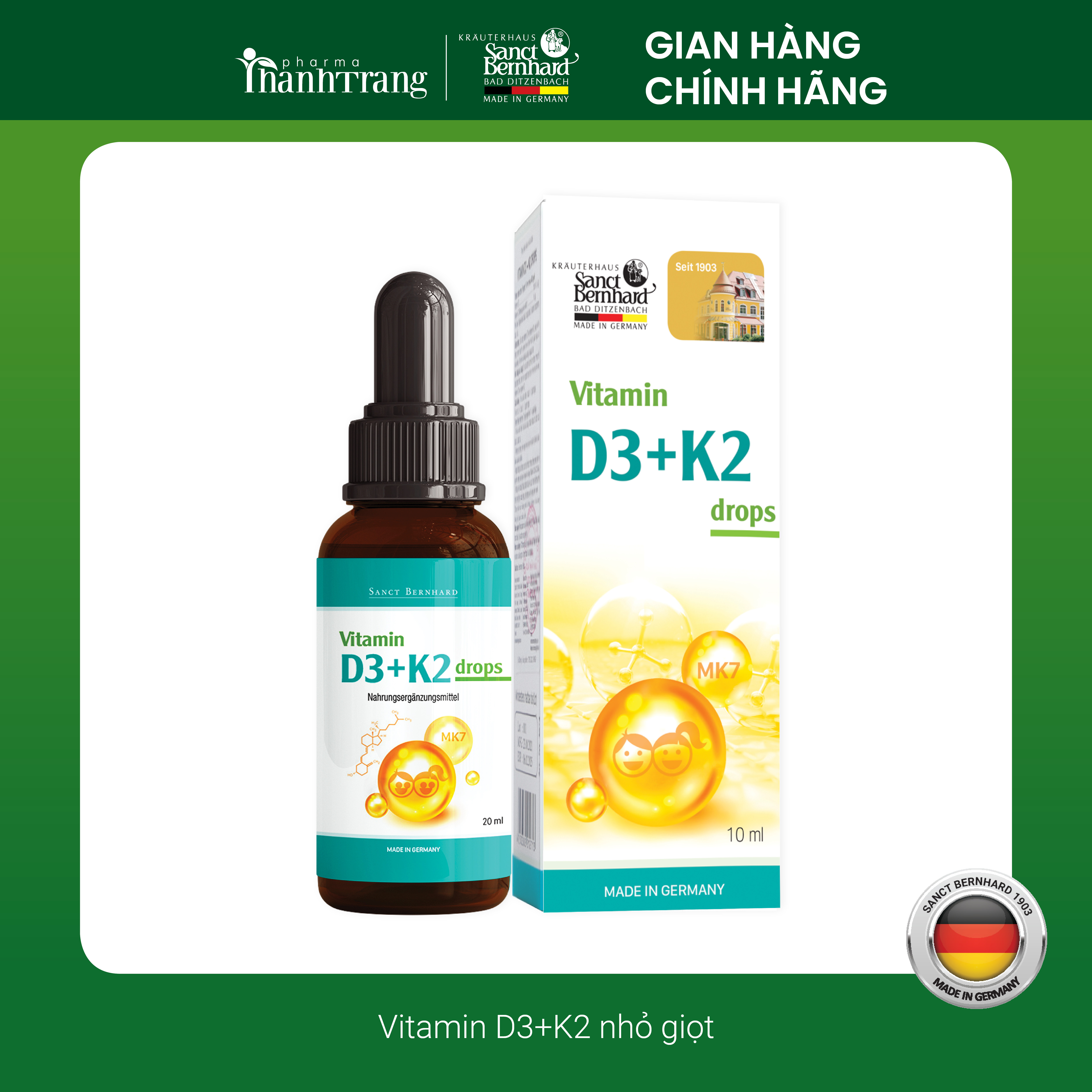 (Combo 2 lọ) Vitamin D3 K2 MK7 Drops Sanct Bernhard Đức tăng hấp thu Canxi trong 1 giọt phát triển chiều cao tối đa (20ml)