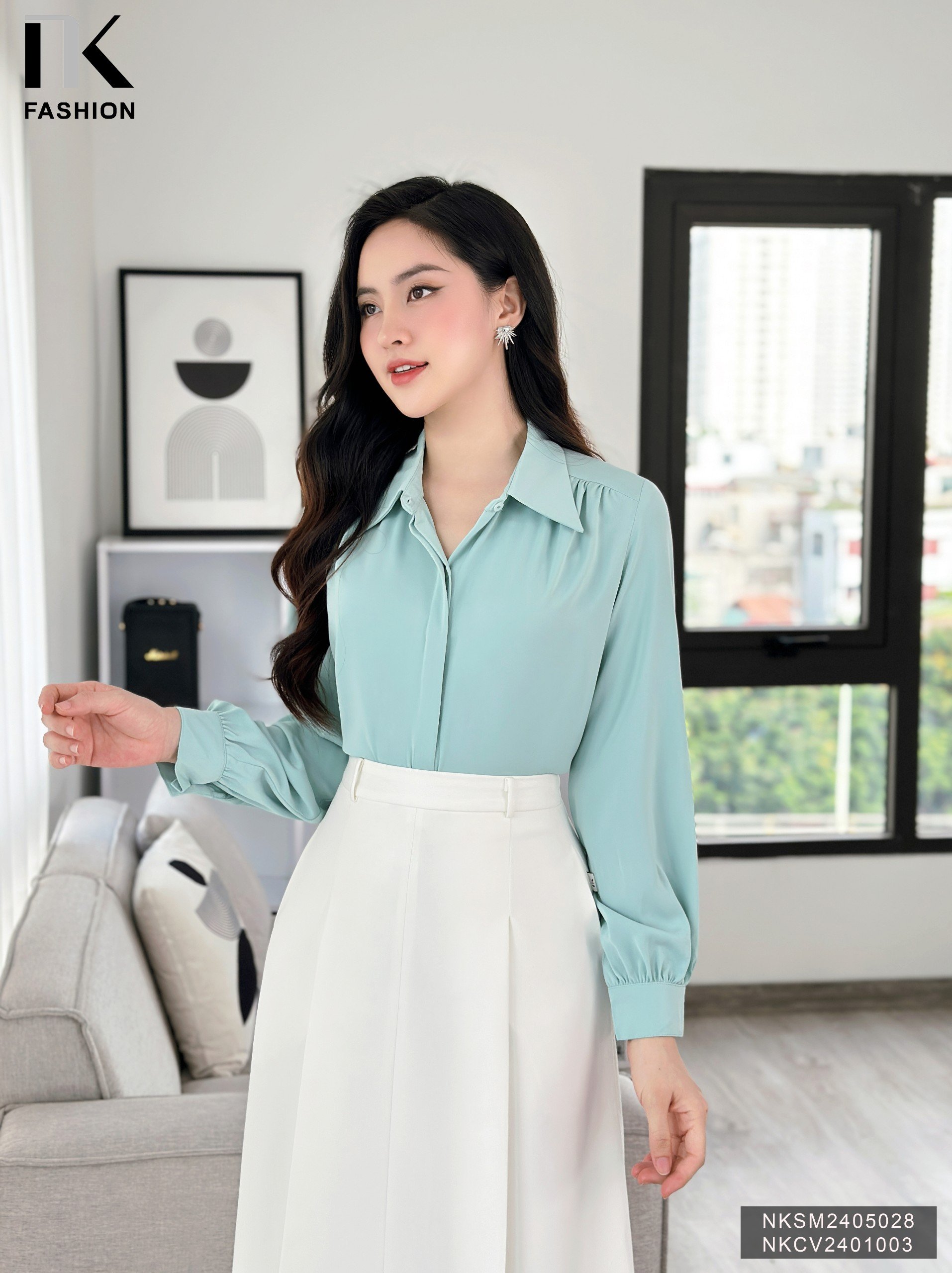 Áo Sơ Mi Lụa Dài Tay Nhún Vai NK Fashion Công Sở Nữ Thanh Lịch Nữ Tính Vải Mềm Mịn NKSM2405028