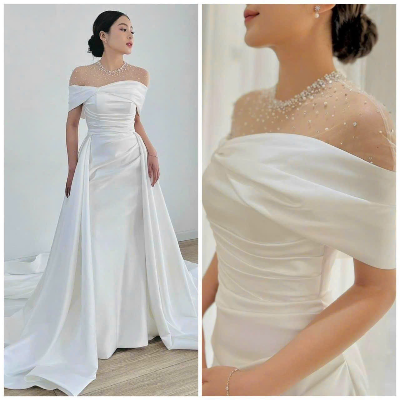 Váy cưới quây xẻ ngực Organza đơn giản màu trắng thanh lịch - Lunss