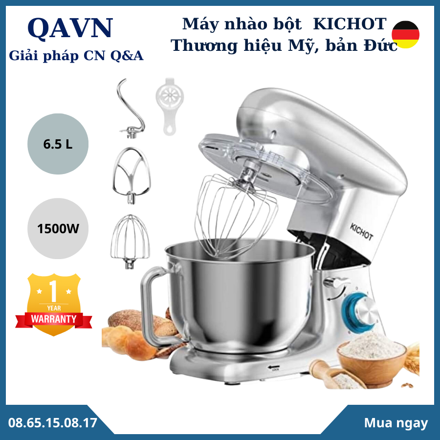 (Siêu phẩm) Máy nhào bột KICHOT 6.5L 1500W  Cối inox 100% có tay cầm tiện lợi- 100% động cơ đồng- Má