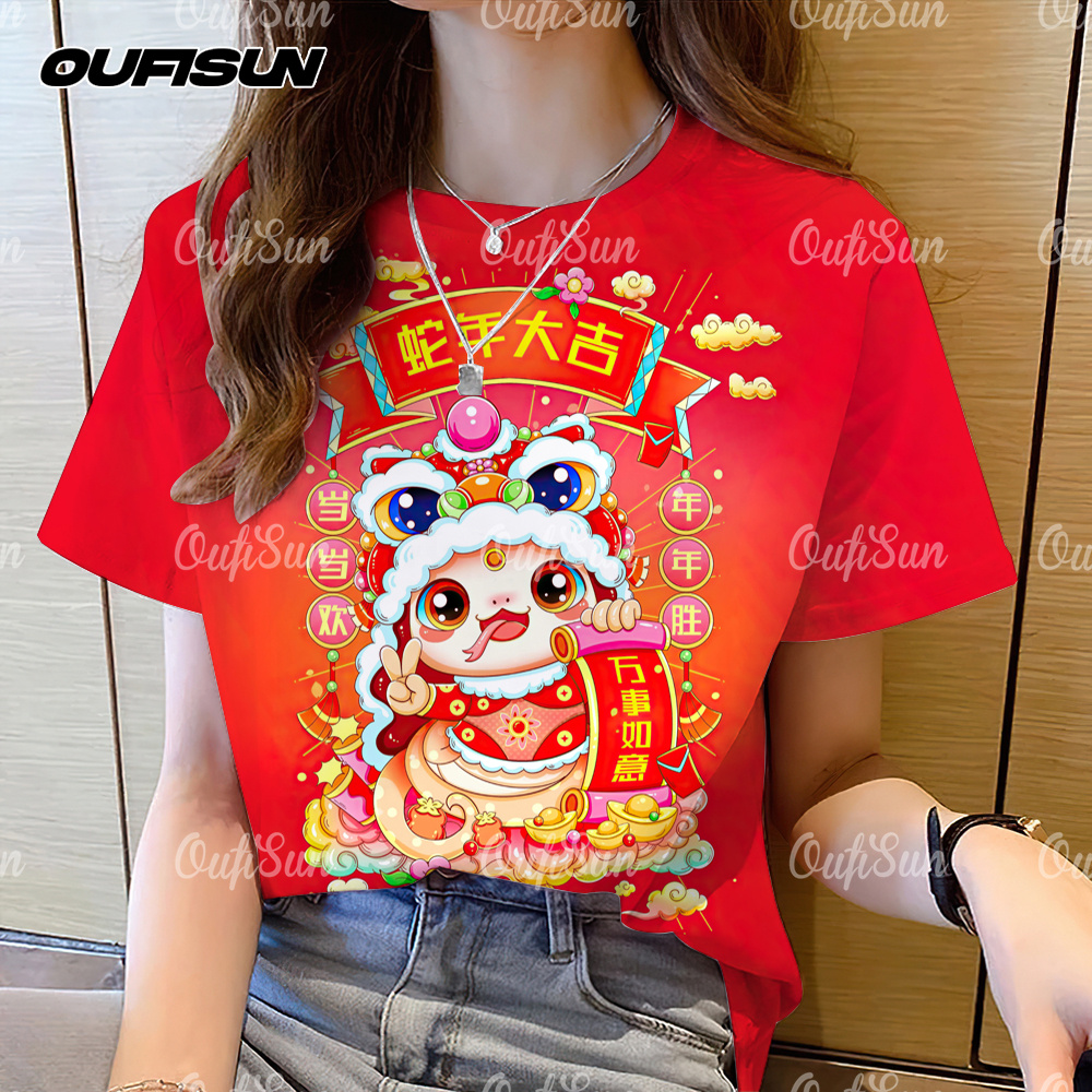 ao dai tet 2025 Tết Áo thun năm con rắn 2025 Áo thun đỏ CNY Quần áo năm mới Áo thun năm mới Áo thun 