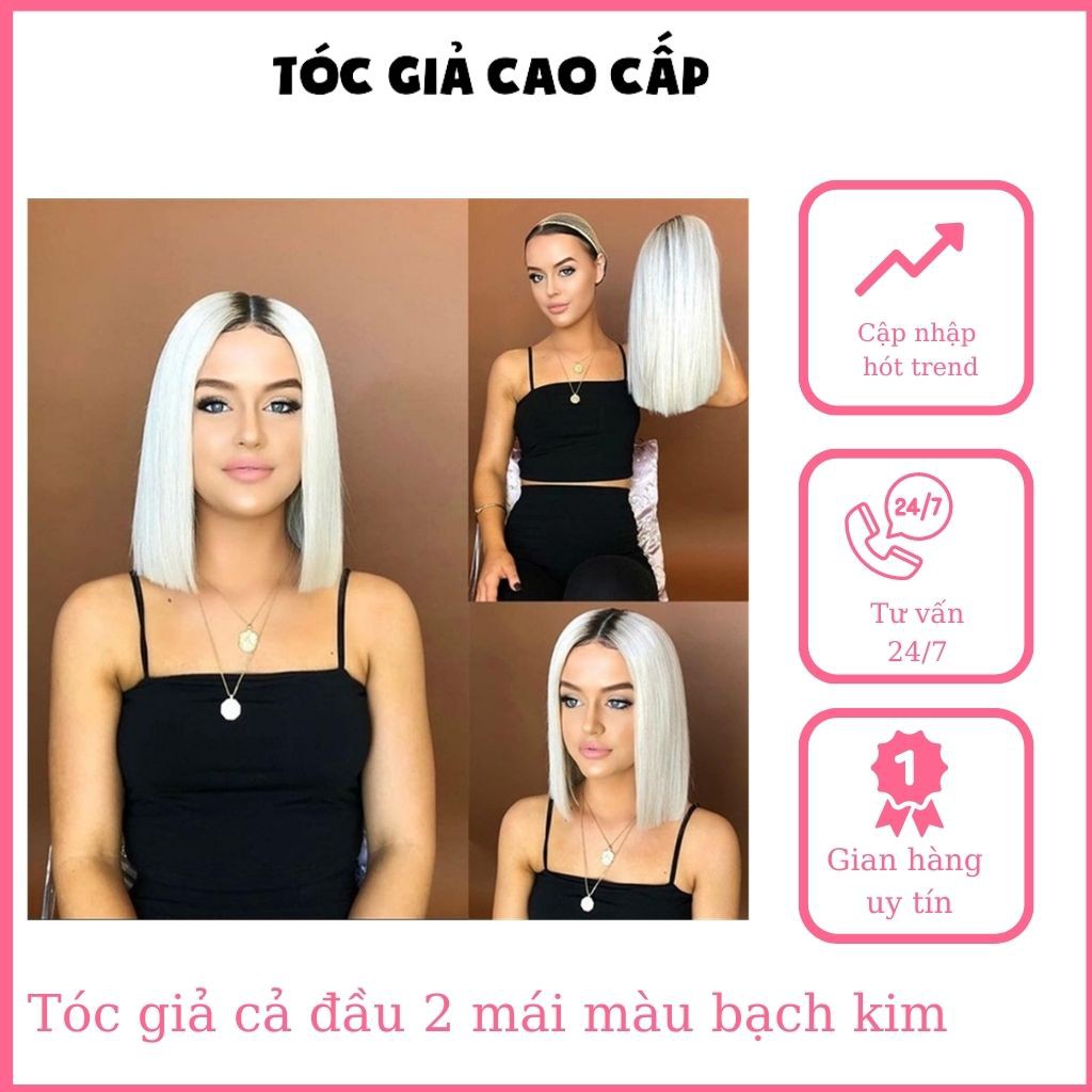 Tóc Giả Nguyên Đầu Thẳng Không Mái 35Cm Màu Bạch Kim Phong Cách Cá Tính Tặng Kèm Lưới Trùm Tóc