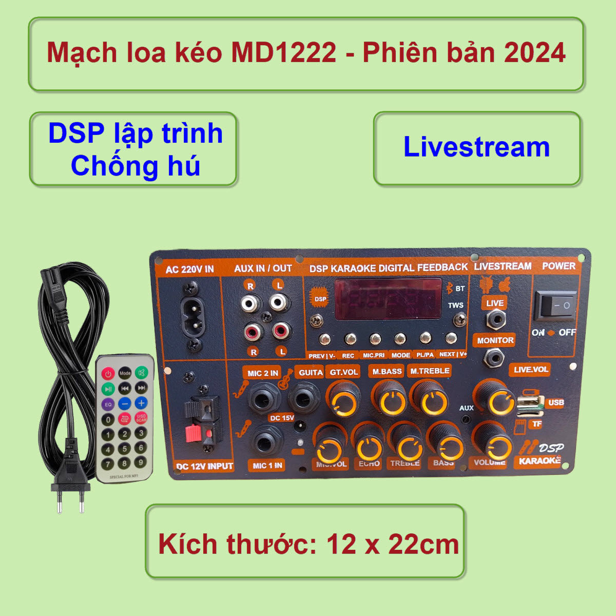 Mạch loa kéo M1222 LIVESTREAM DSP lập trình chống hú 150W có nguồn xung Loa kéo 4 – 3 tấc đơn hoặc 3