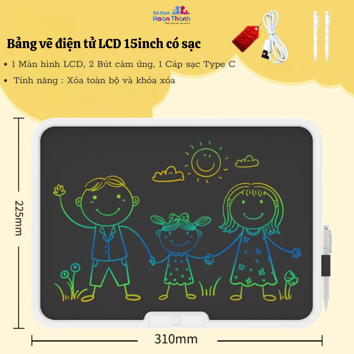 Bảng vẽ tự xóa điện tử bảng viết vẽ thông minh cỡ lớn 1519 inch màn hình LCD đa sắc đồ họa đẹp kèm bút dạy học