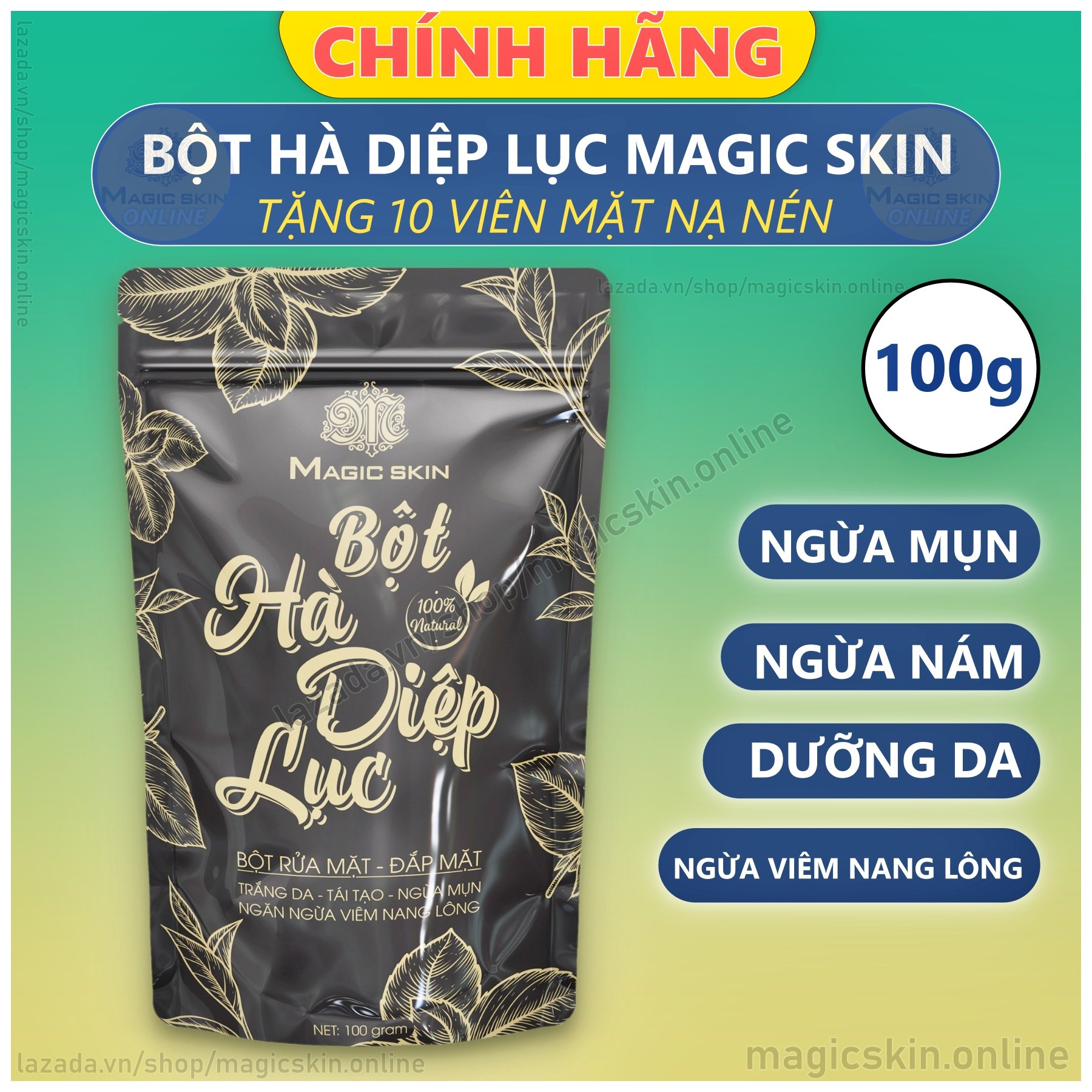 Bột Hà Diệp Lục Magic Skin 👍 Bột đắp mặt NGỪA MỤN SÁNG DA ✔ Se khít lỗ chân lông