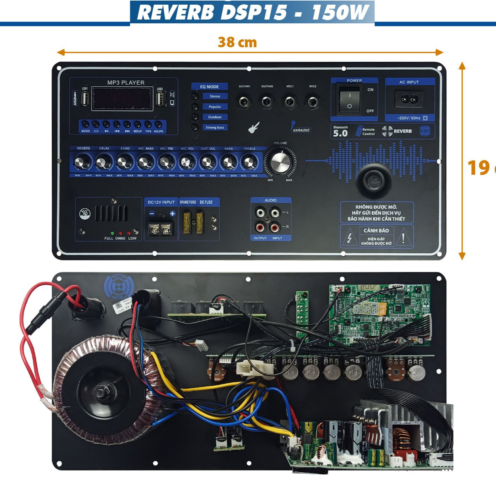 Bo Mạch Loa Kéo Nguồn Xuyến đánh Bass 4 tấc đôi 5 Tấc đơn có Reverb DSP 15 kích thước 14.5x35