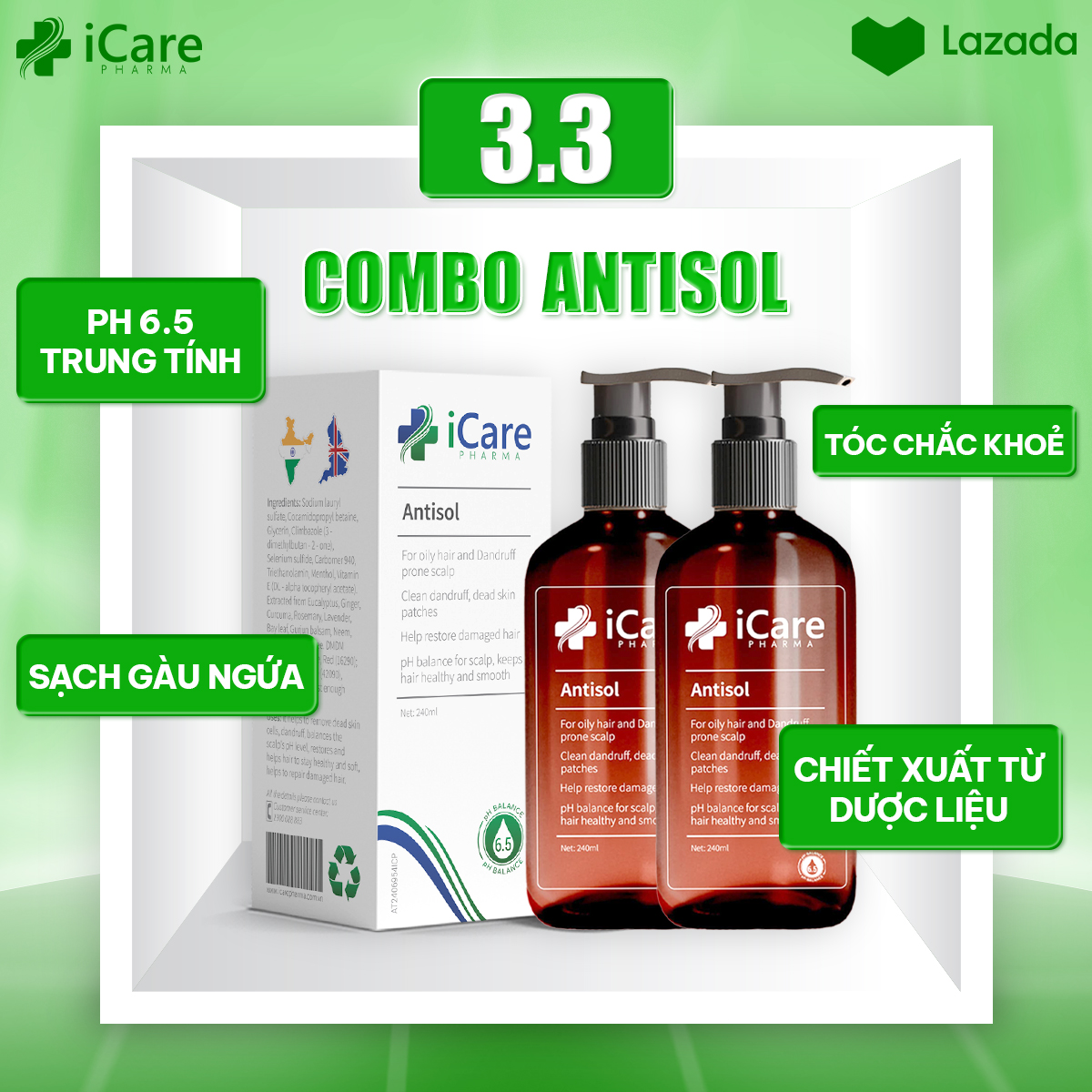 Combo 2 Chai Dầu Gội Sạch Gàu Nấm Ngứa Da Đầu Antisol - Thương Hiệu iCare Pharma