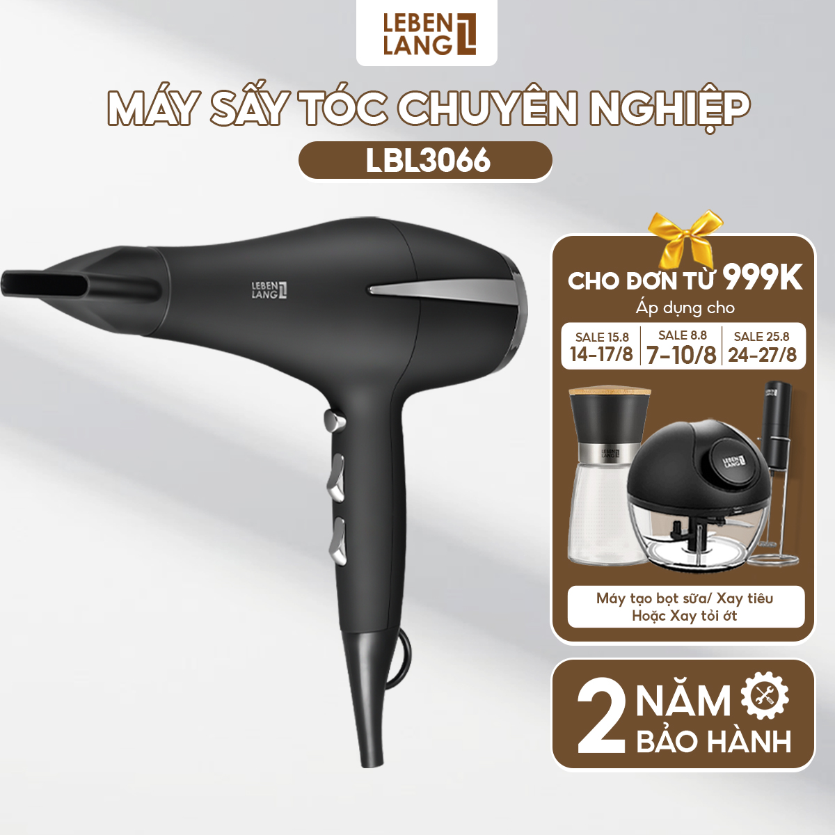 Máy sấy tóc Lebenlang LBL3088 2000W, 2 chiều nóng lạnh, công nghệ ion, màu Cam, Tím, Đỏ, Hồng