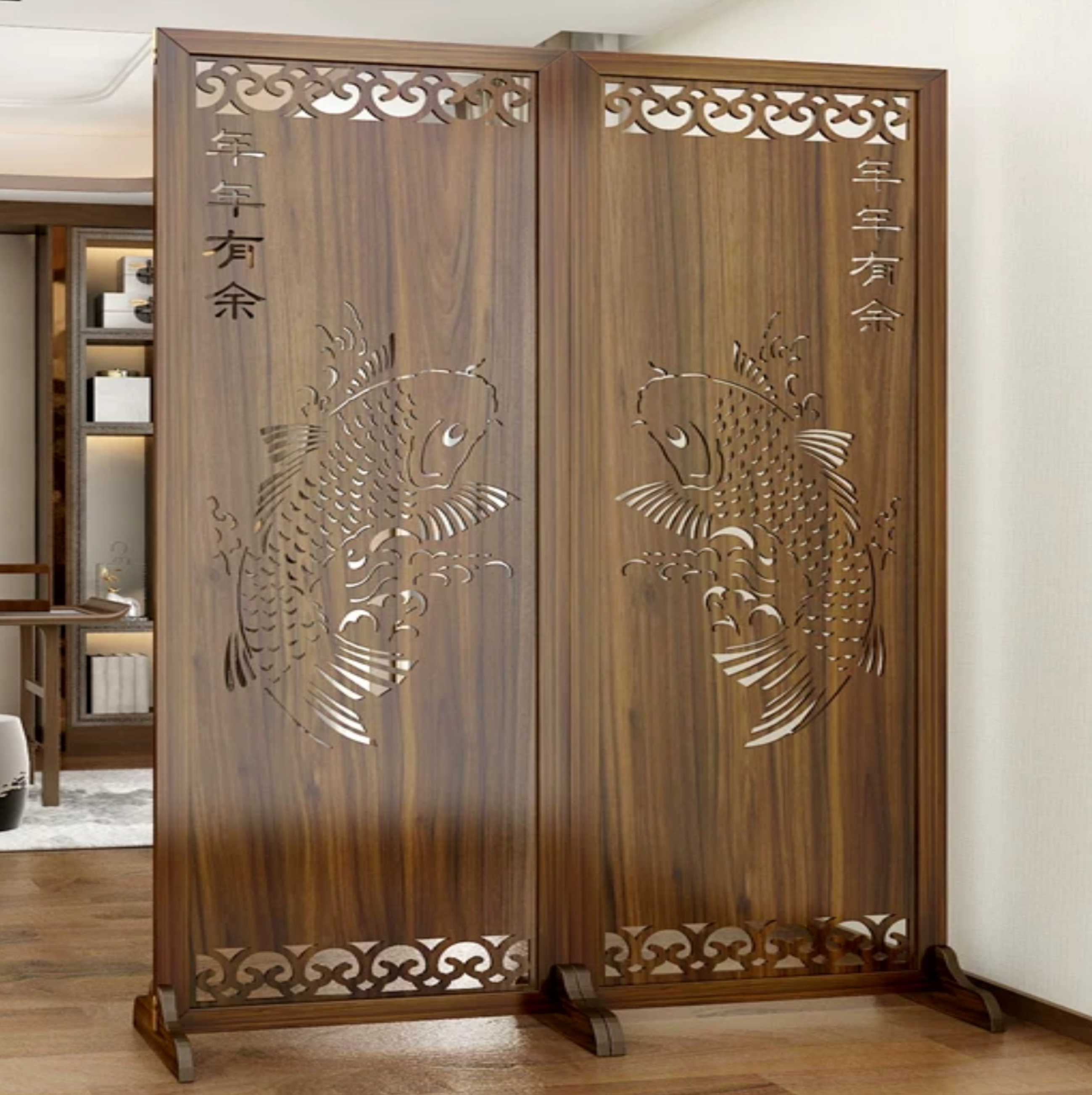 Vách ngăn Bình phong Chất liệu Ván HDF tấm thái lõi xanh phủ milamin 2 mặt có thiết kế hoa văn theo