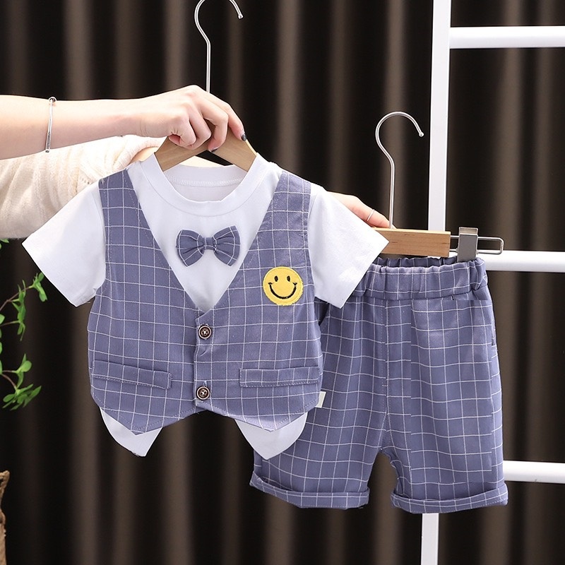 Quần Áo Trẻ Em Bé Trai Set Công Tử Phong Cách Hàn Quốc Có Nơ Logo Mặt Cười Chất Cotton Cao Cấp Nhà M