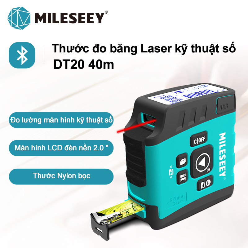 Mileseey Băng đo laser kỹ thuật số Tuscany DT20 3 trong 1 băng nguồn máy đo khoảng cách laser có thể