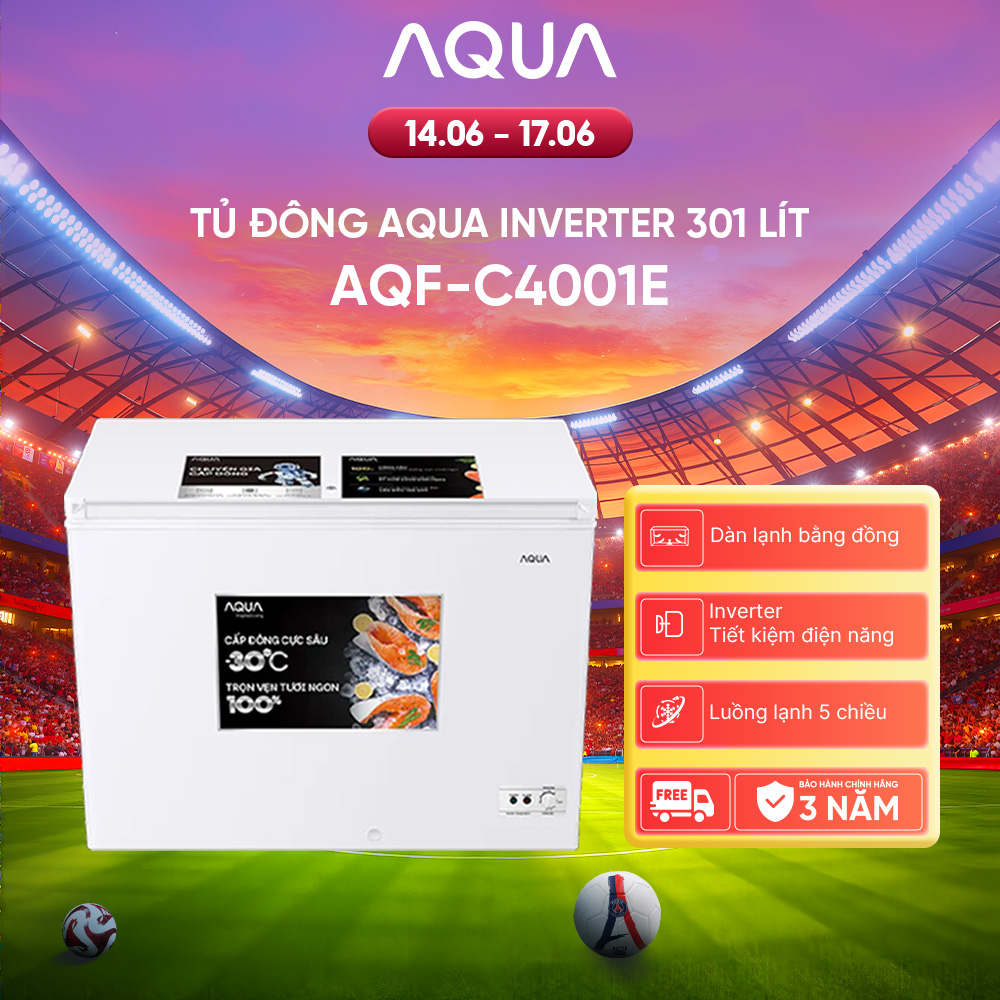 Tủ đông Aqua Inverter 301 lít AQF-C4001E, màu trắng tinh tế, kích thước 1110x620x845mm