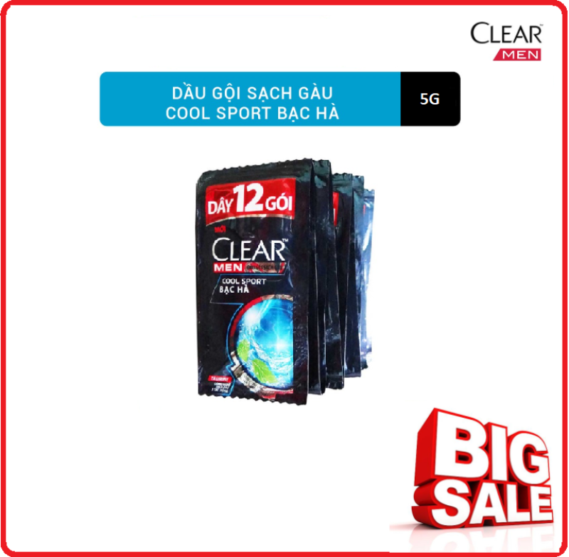 Combo 4 Dây Dầu Gội Đầu Clear Men Bạc Hà Cool Sport Đánh Bay Gàu Ngứa Và Vi Khuẩn Mát Lạnh Cực Đỉnh Suốt Ngày Dài 12 Gói X 5G