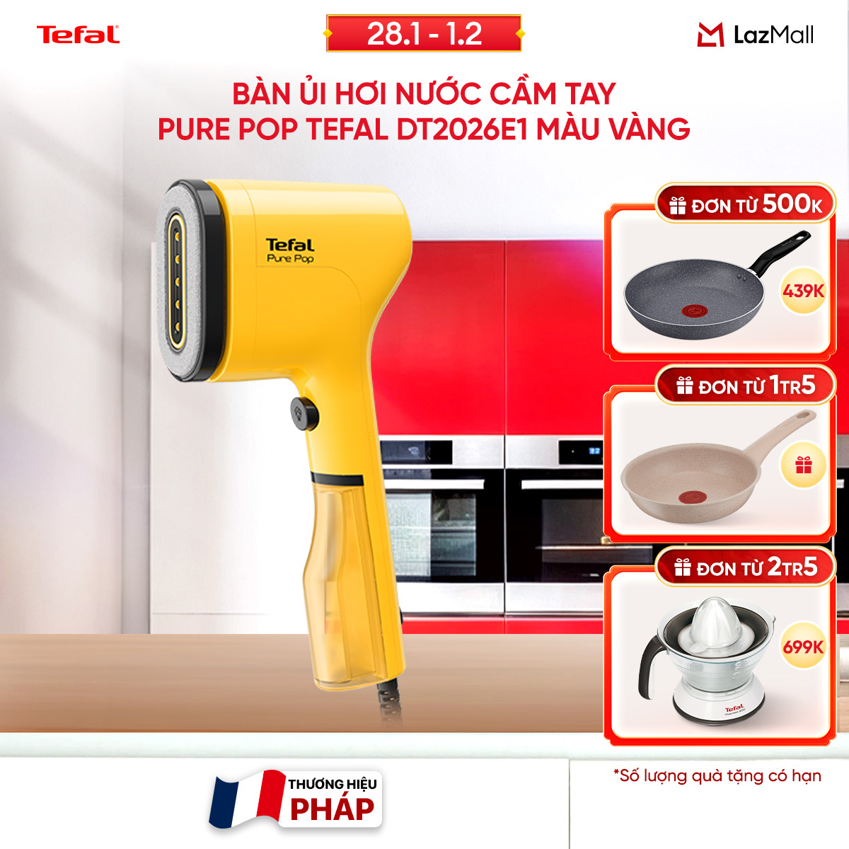 Bàn ủi hơi nước cầm tay Tefal DT2026E1 Vàng - 70 ml, 1300 W, màu vàng chanh