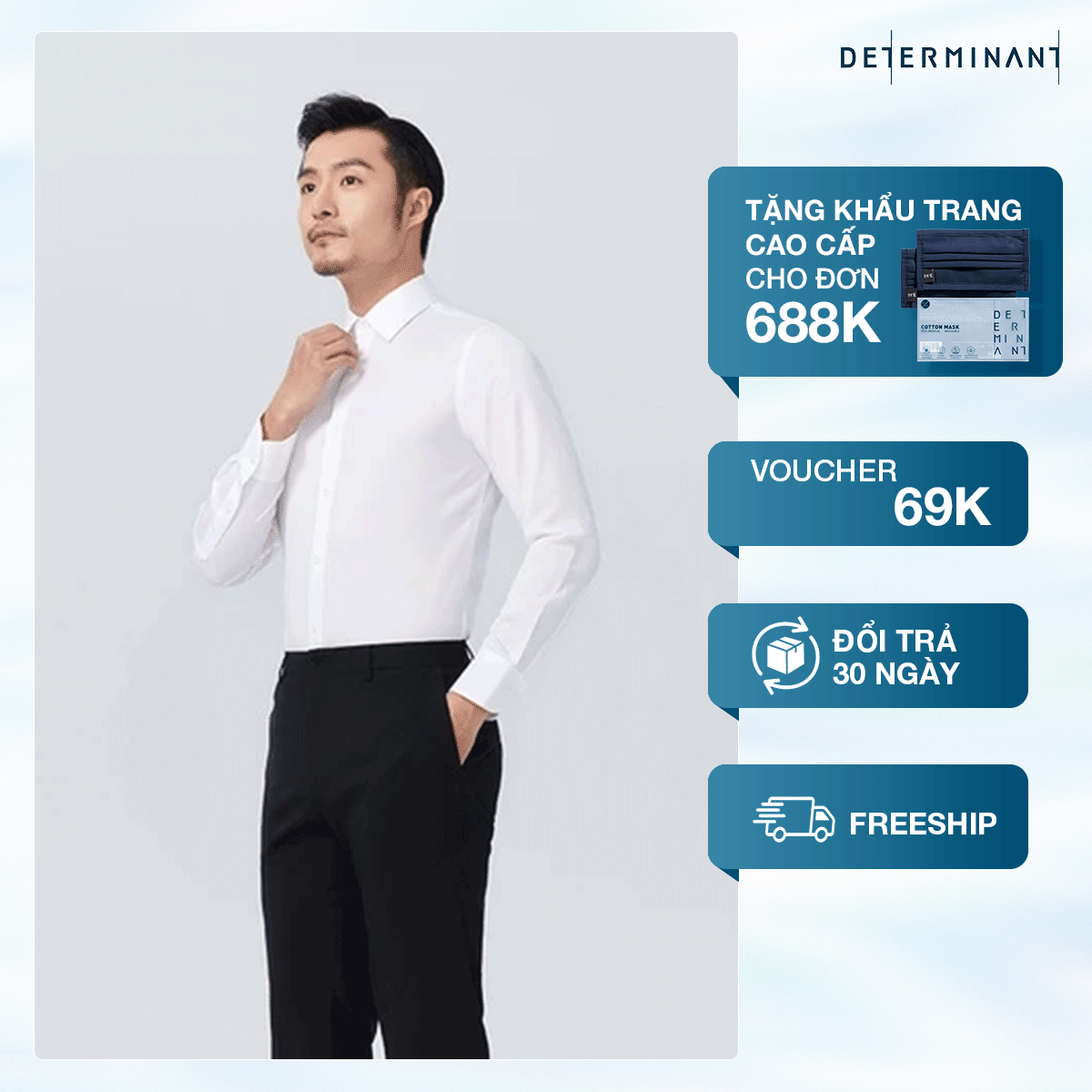 Áo Sơ Mi Cotton Cao Cấp DETERMINANT Dài Tay Dobby Màu Trắng - 501