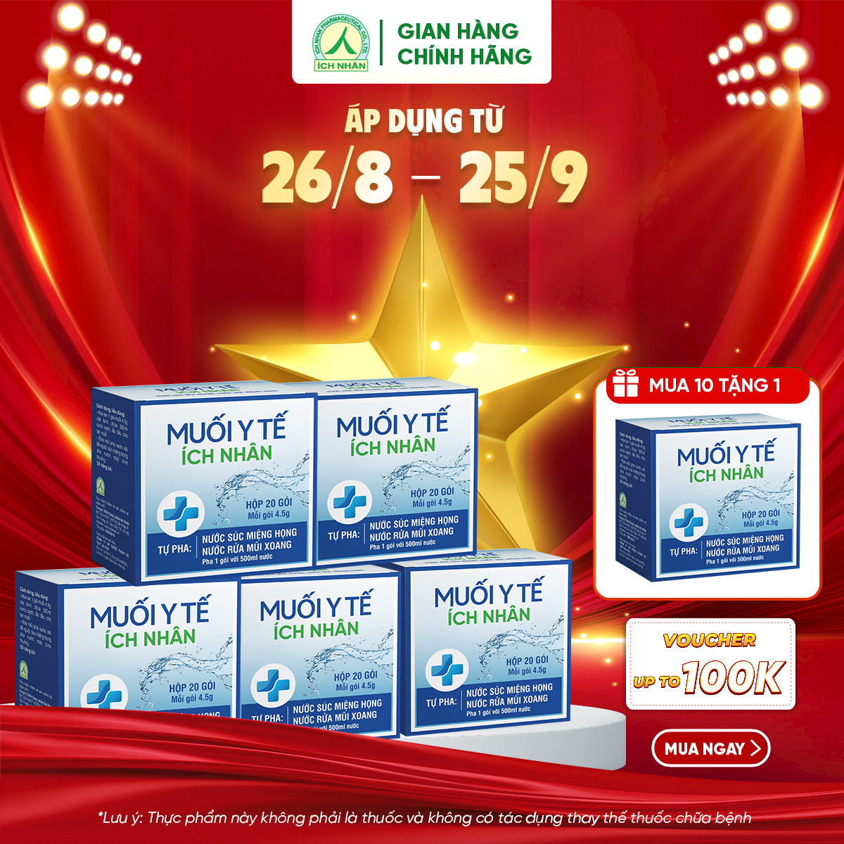 Muối Y Tế Ích Nhân Sát Khuẩn Mũi Họng An Toàn Tiện Lợi - Hộp 20 Gói/2.45g