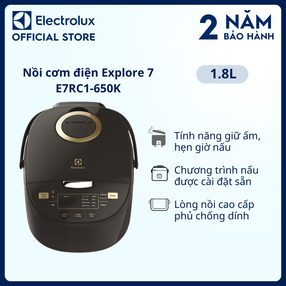 Nồi cơm điện Electrolux 1.8L E7RC1-650K - Màu đen - Nhiều chương trình nấu đa dạng - Bảo hành 2 năm