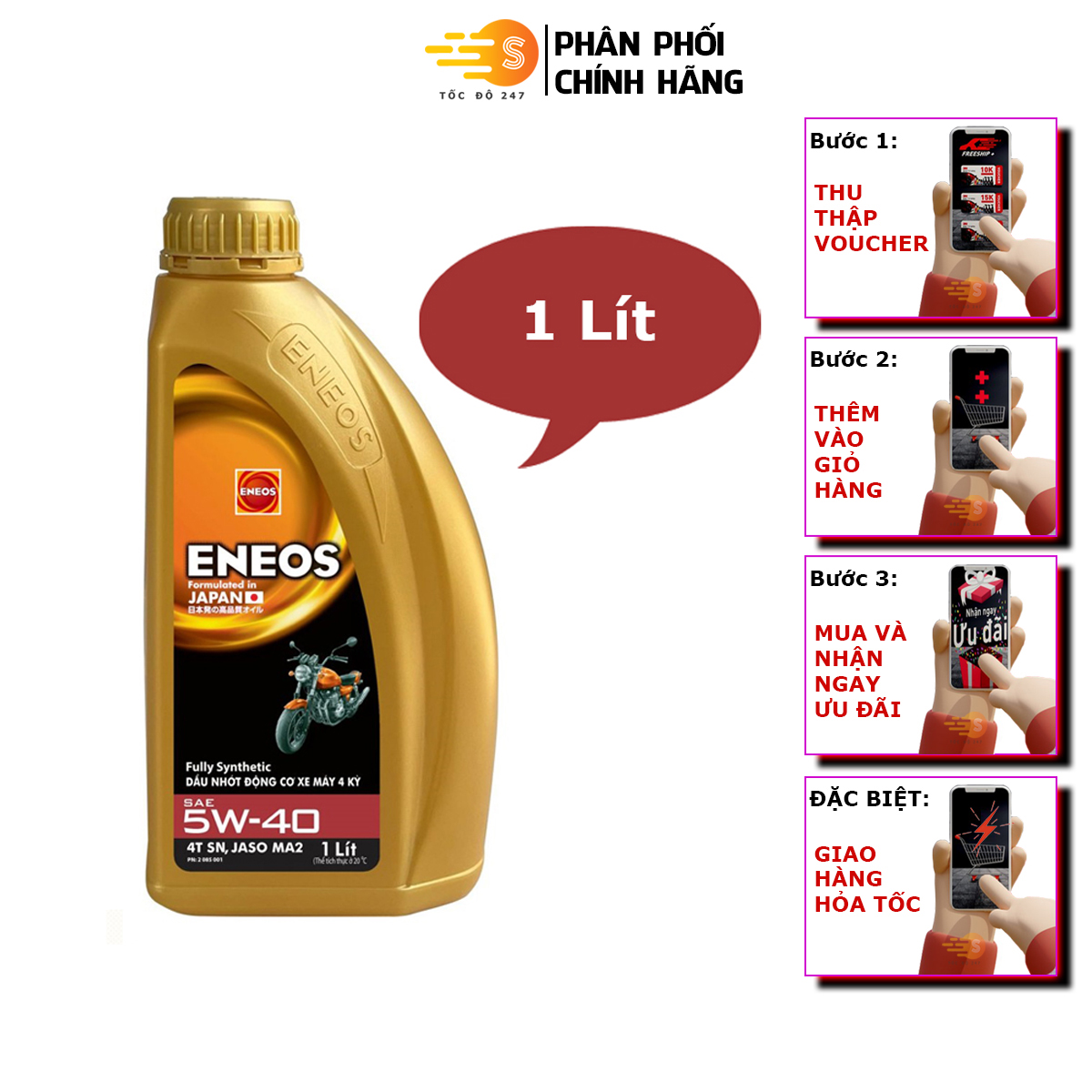 Dầu nhớt tổng hợp động cơ xe số xe máy Eneos 5W40 EN-MA2-5W40 1lít - Đạt chuẩn API SJ Bôi trơn làm m