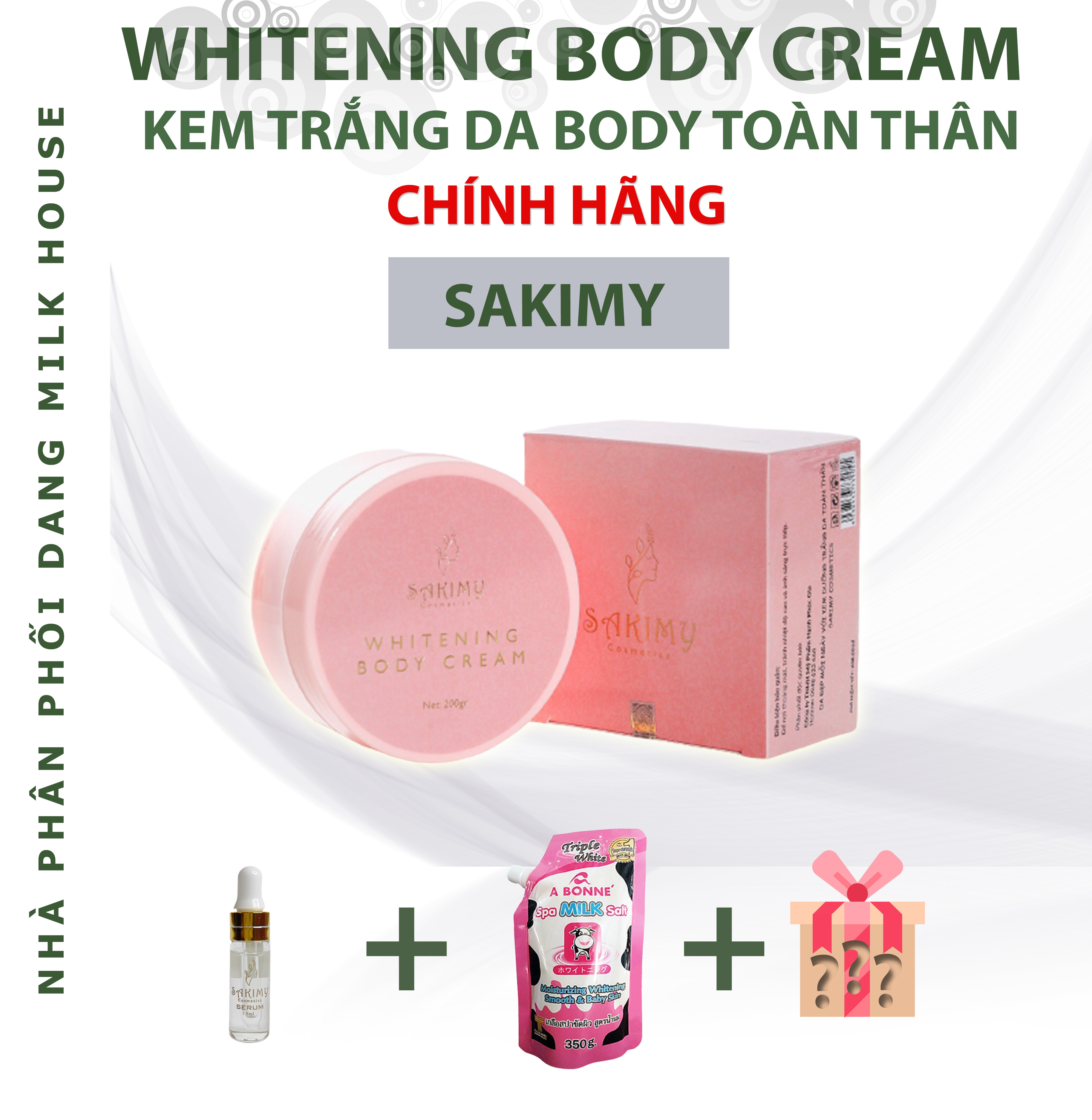 Kem Trắng Da Body Sakimy 200G Cream - Hiệu Quả Dưỡng Trắng Nhanh - Dưỡng Ẩm Sâu - Chống Lão Hóa - Có Thành Phần Chống Nắng Bảo Vệ Da Khỏi Tia Uv - Tặng Kèm Chai Serum Kích Trắng Sakimy (Chính Hãng) + Muối Tắm Con Bò Thái Lan