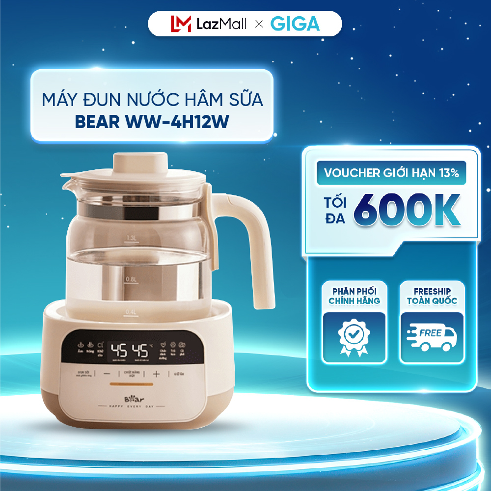 Máy đun nước và hâm sữa Bear WW-4H12W - Dung Tích 1.3L - Pha sữa rã đông sữa mẹ - Giữ ấm 72h - Khử Clo