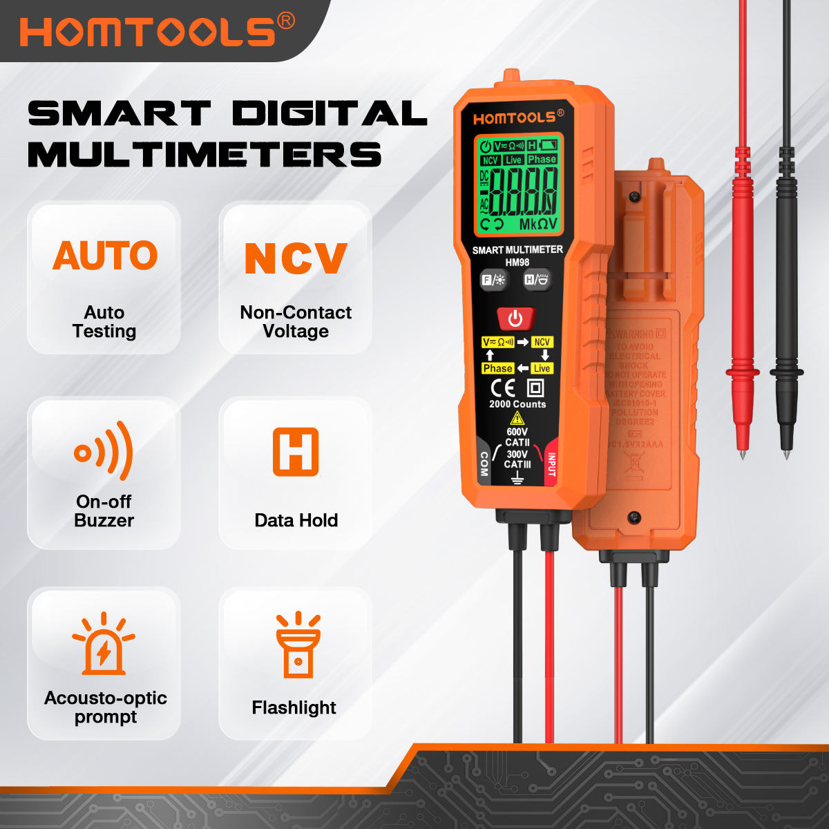 HOMTOOLS💥HM98 Máy kiểm tra điện áp đa đo kỹ thuật số 2000 Đếm 600V AC / DC Volt Meter NCV Phase Sequ