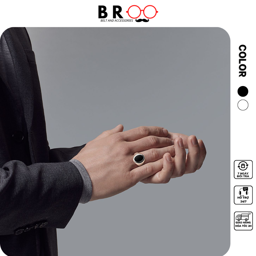 Nhẫn signet nam Broobelt màu bạc mặt đen tròn chất liệu titan mạ bạc 925 có thể điều chỉnh size