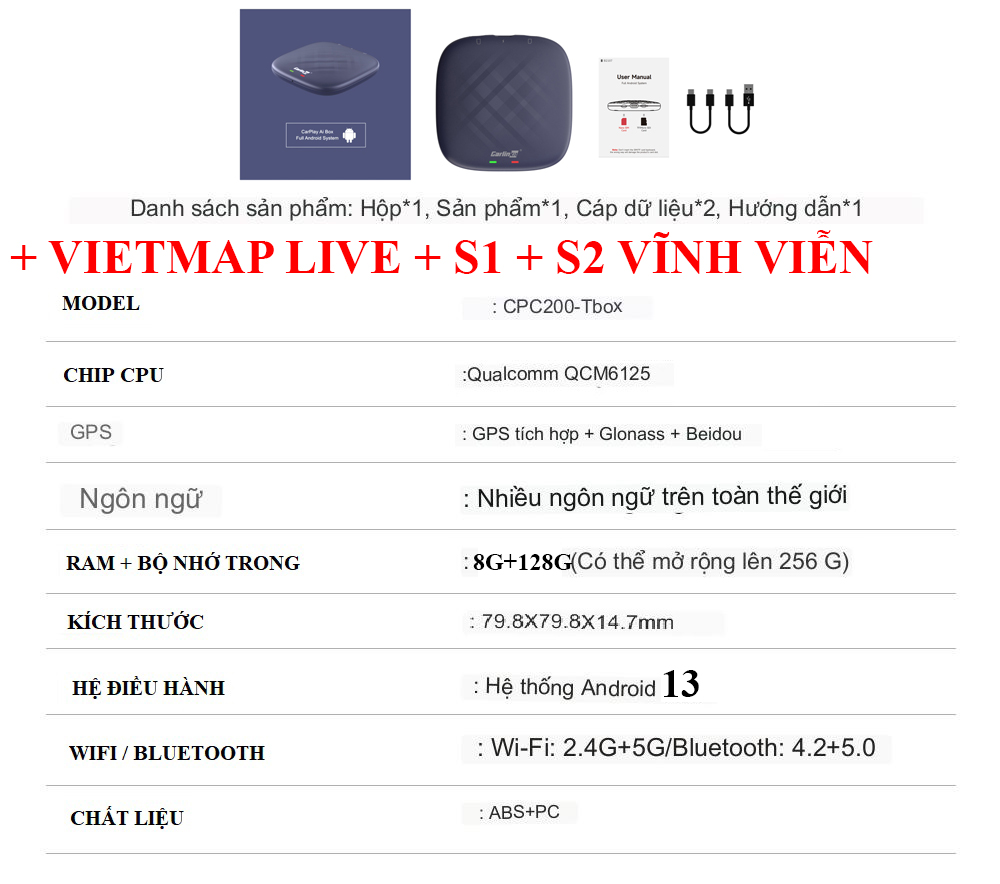 Carplay Android Box ô tô xe hơi Carlinkit tặng Vietmap S2 Model TBOX PLUS 8GB+128GB Android 13