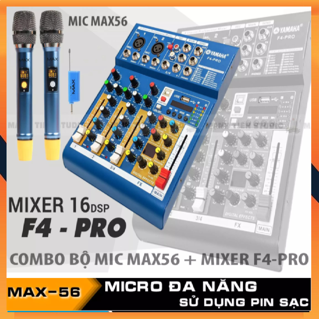 Bộ Mic Hát Karaoke Gia Đình Bàn Trộn Mixer F4 Pro + Bộ 2 Micro Không Dây Đa Năng Max 56 - Hút Âm Tốt