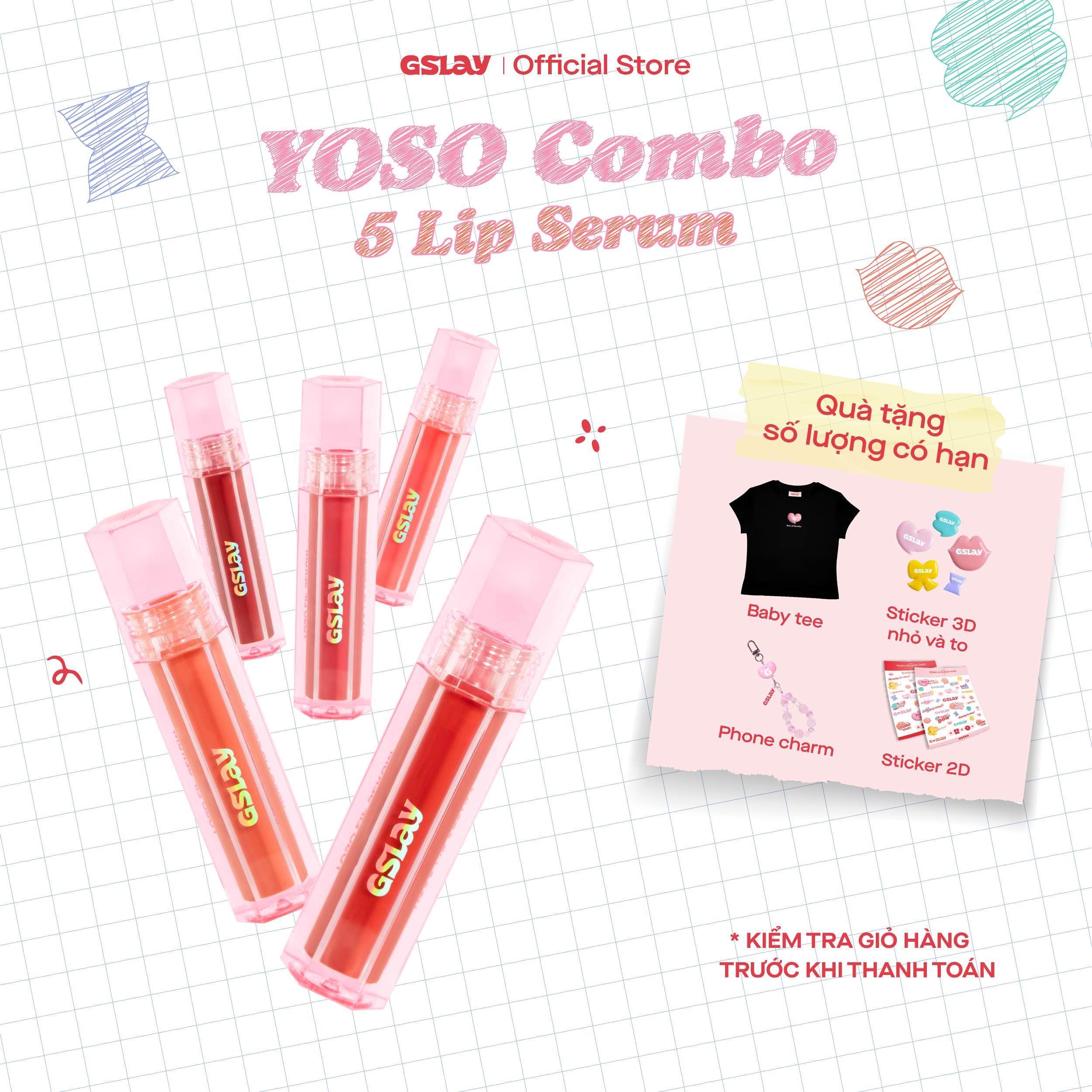 Combo trọn bộ 5 Son Dưỡng Bóng Có Màu Thuần Chay GSLAY YOSO Lip Serum dưỡng ẩm tái tạo môi (1mlx5)