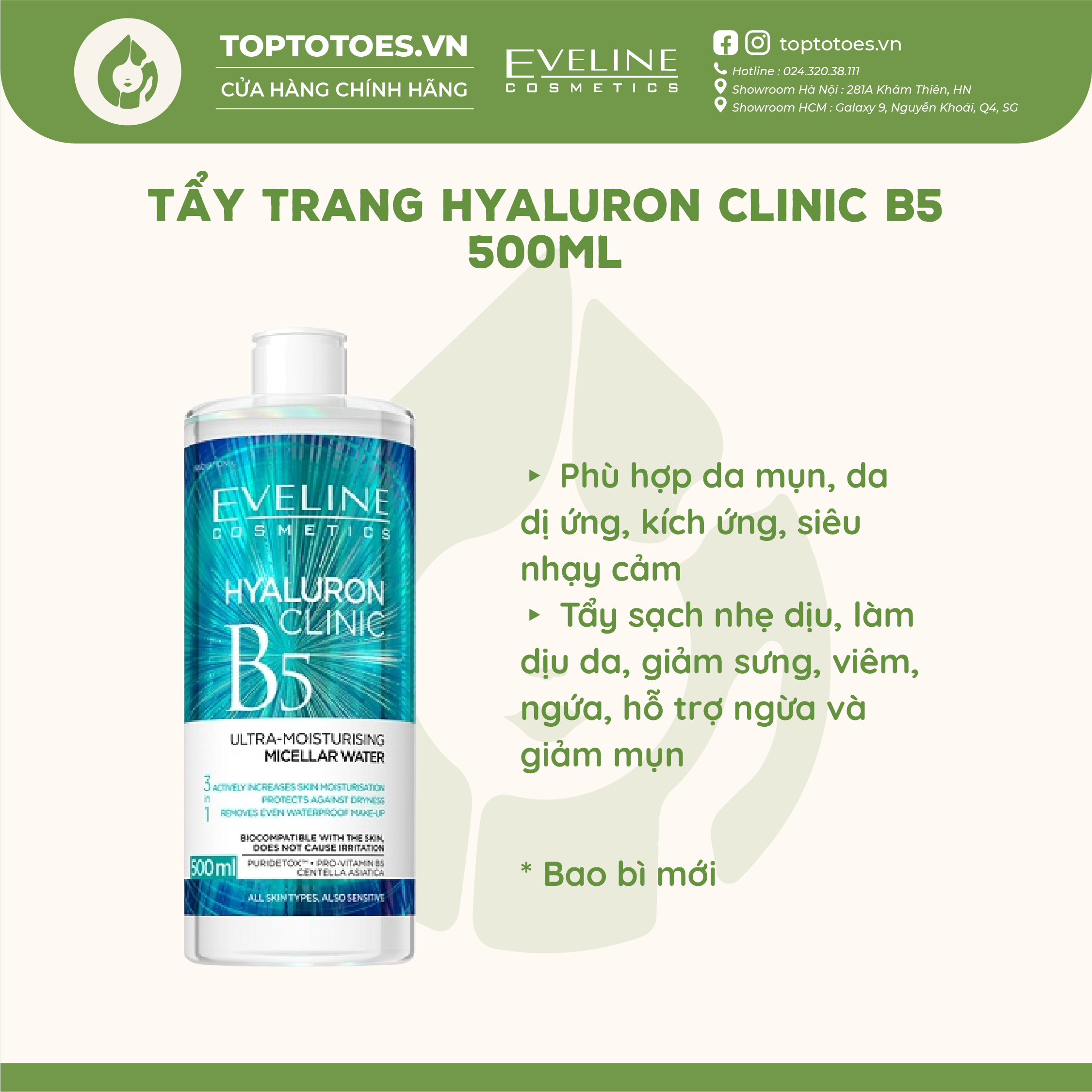 Nước tẩy trang Eveline Hyaluron Clinic B5 Puridetox tẩy sạch nhẹ dịu 500ml