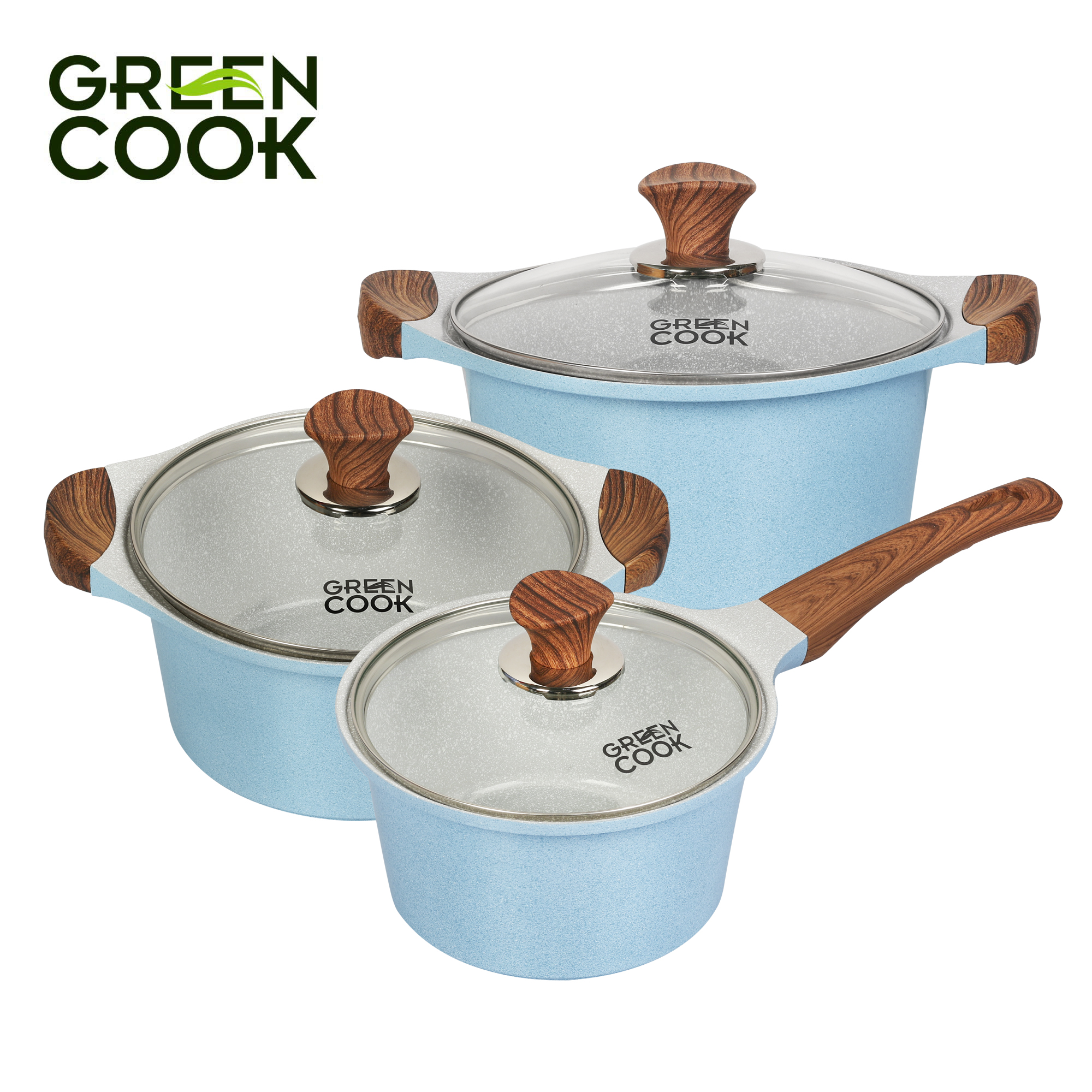 Bộ 3 nồi đúc men đá xanh Sapphire tay cầm chống bỏng đáy từ 18 cm 20 cm và 24 cm Green Cook GCS09 mà