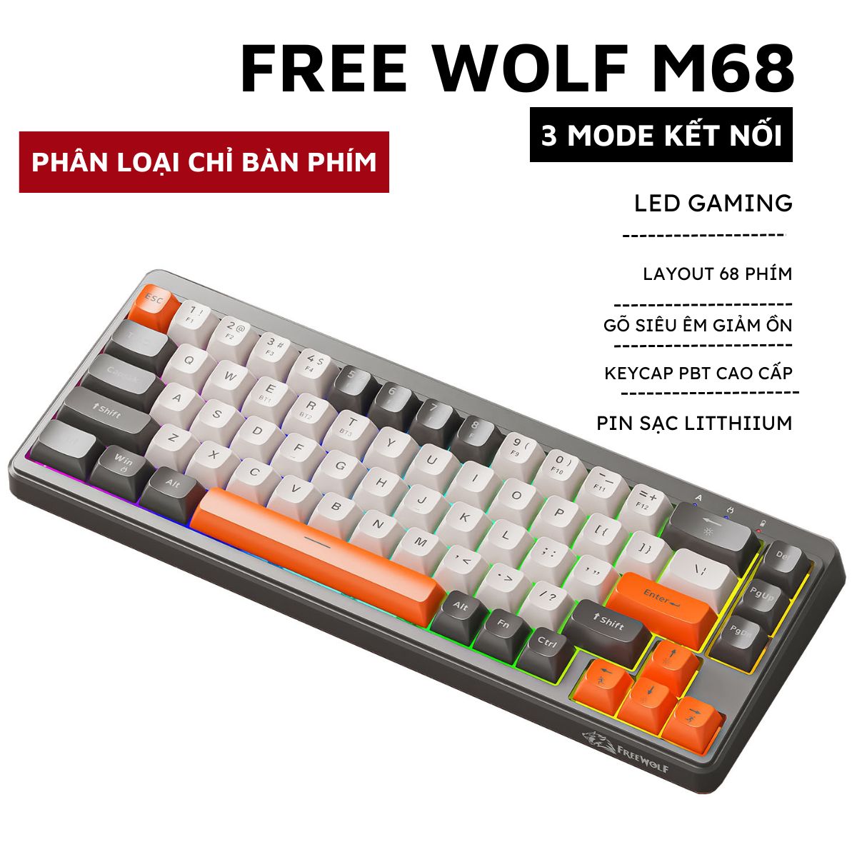 Bộ Bàn Phím Và Chuột Bluetooth FreeWolf M68 LED Pro Gõ Siêu Êm Pin Sạc Keycap PBT Cho Pc Lap