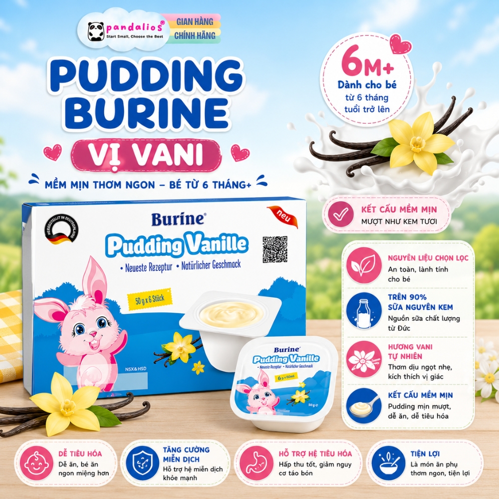 Pudding Burine Vị Vani 6 Hũ x 50g – Pudding Sữa Mềm Mịn Cho Bé Từ 6 Tháng