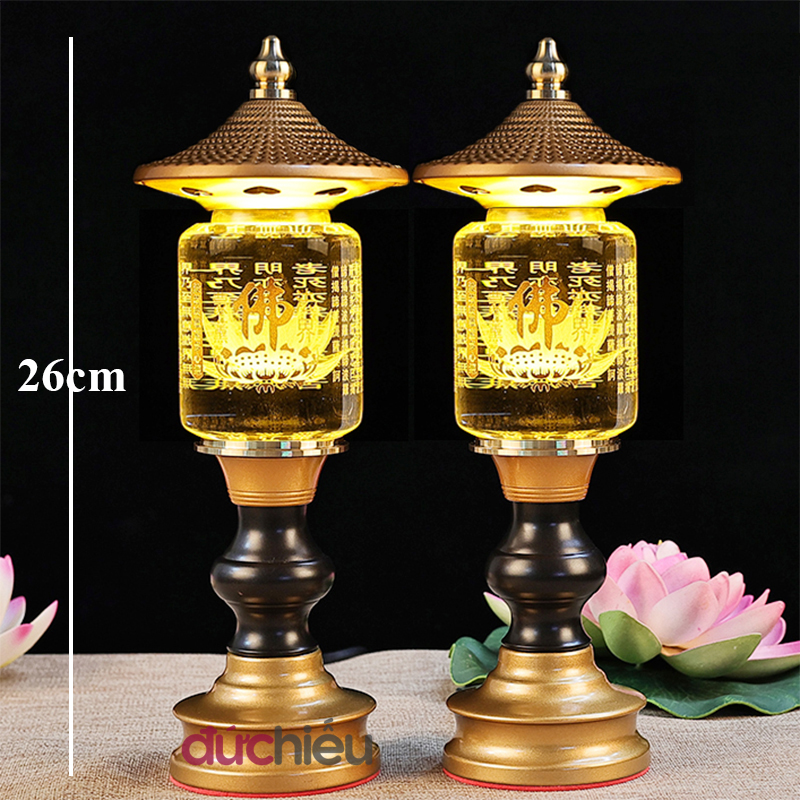 Đèn thờ hoa sen pha lê cao cấp khắc tâm kinh cao 26cm đèn để bàn thờ Đức Hiếu Shop