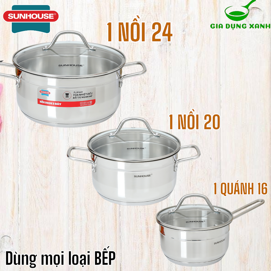 Nồi inox 5 đáy Sunhouse SHG669 bán lẻ từng size - quánh 16cm - nồi 20cm - nồi 24cm dùng với mọi loại