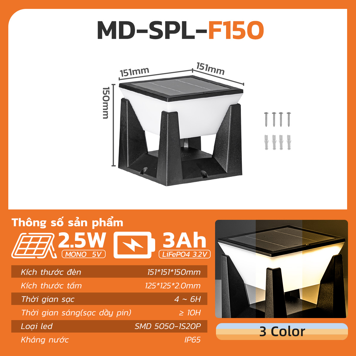 Đèn Trụ Cổng Năng Lượng Mặt Trời MODI SOLAR Đèn LED Hàng Rào Sân Vườn Ngoài Trời Chống Nước