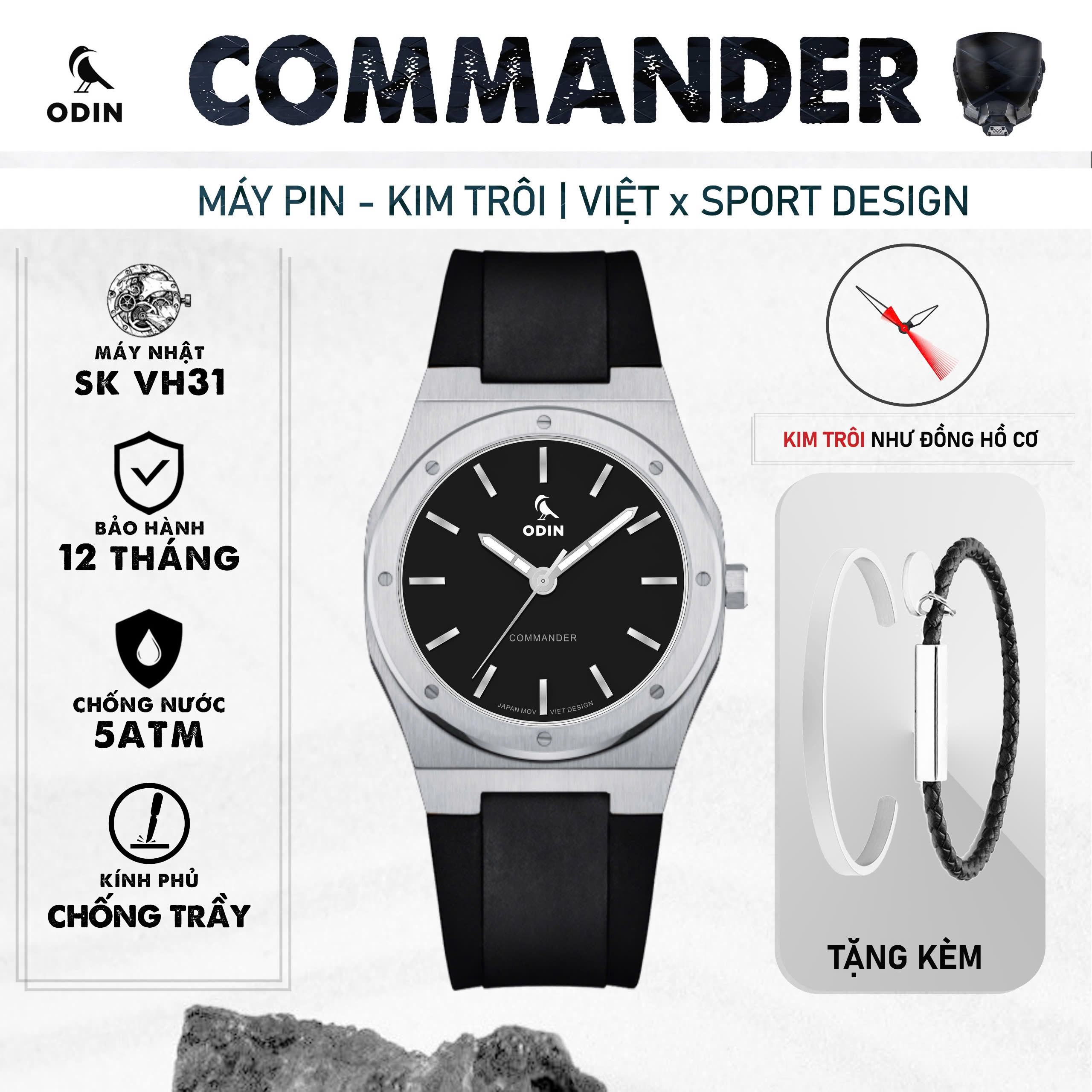 Đồng hồ Nam ODIN COMMANDER SILVER-Máy Pin Kim Trôi-Chính hãng Việt Nam máy Nhật VH31-chống nước 5ATM