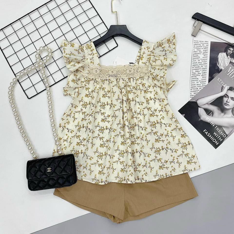 Áo Kiểu Babydoll Nữ Bánh bèo Cổ Vuông tay ngắn vai bồng Áo nữ sơ mi kiểu trễ vai Mix Quần Sooc - SN0
