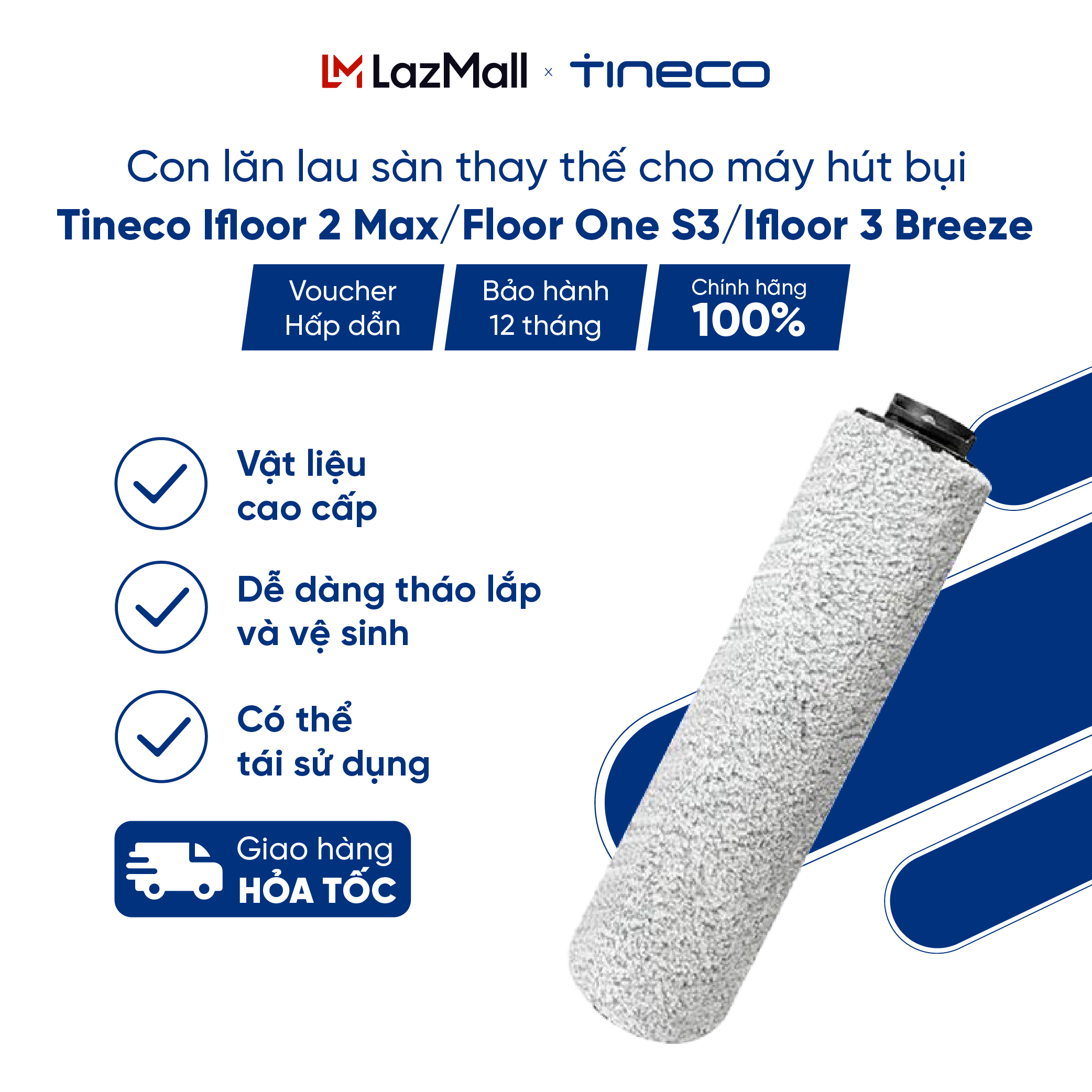 Con lăn lau sàn thay thế cho máy hút bụi Tineco Ifloor 2 Max/Floor One S3/Ifloor 3 Breeze - 9FWBR031