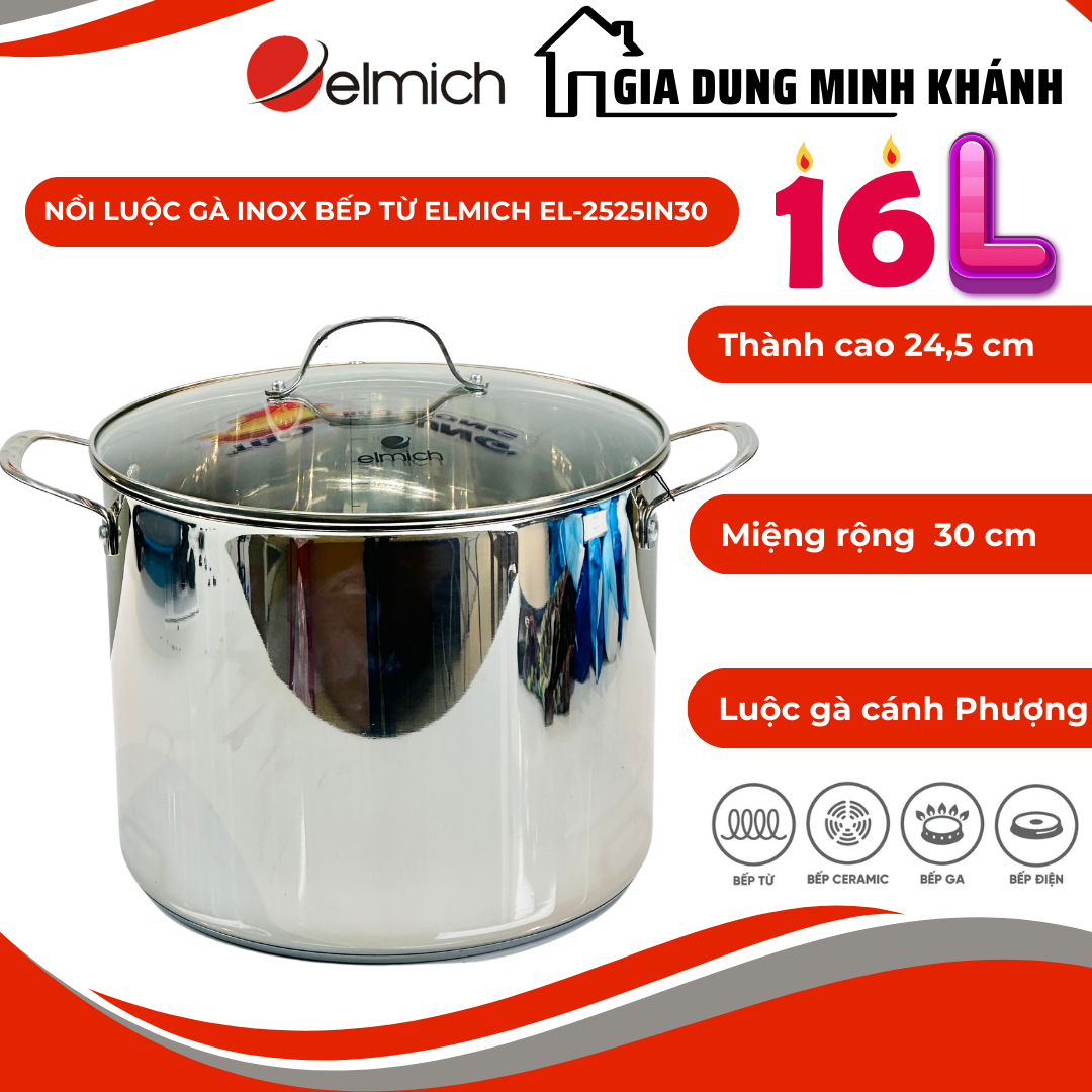 Nồi luộc gà inox bếp từ Elmich EL-2525IN30 - Thành cao 245cm miệng rộng 30cm luộc gà cánh phượng đẹp
