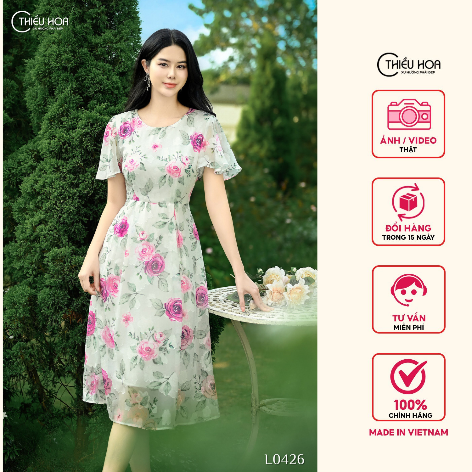 Đầm thiết kế nữ tính thướt tha với chất liệu Tơ Hoa cao cấp mềm mại DD4L0426 Thời trang Thiều Hoa