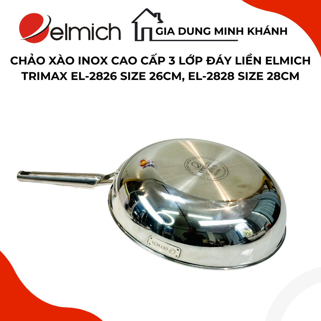 Chảo Elmich inox nguyên khối Trimax EL-2826 size 26cm EL-2828 size 28cm - Thành cao lòng sâu chuyên 