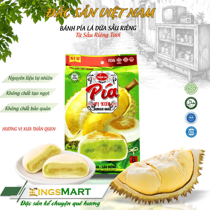 Bánh pía chay mini lá dứa sầu riêng - Thương hiệu Thiên Sa - Túi 120g/6 bánh - Kingsmart