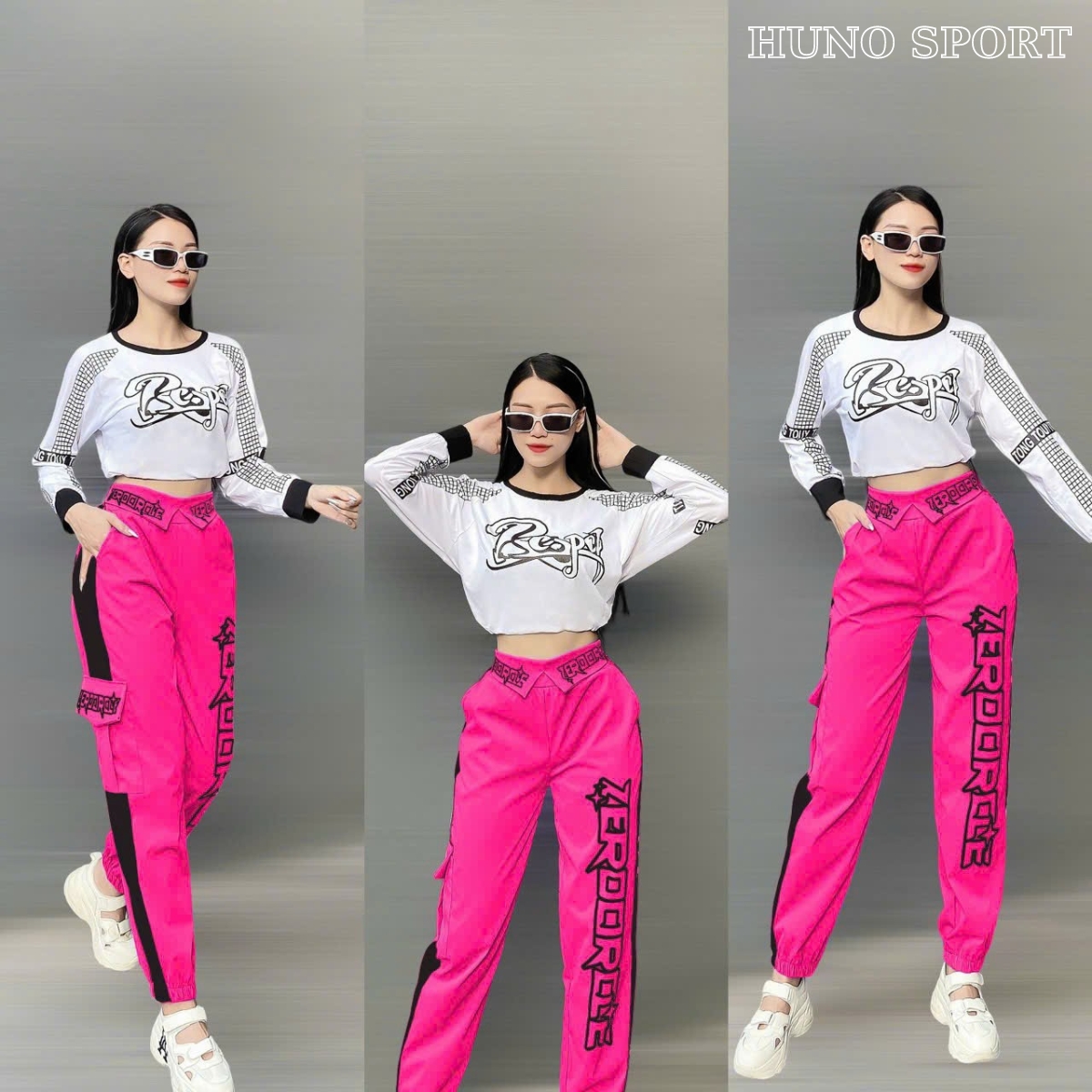 Thời trang thể thao nữ bộ áo croptop dài tay và quần jogger  tập Zumba dancesport tập gym  Yoga_ Aerobic_Picnic_Dã Ngoại HUNO SPORT