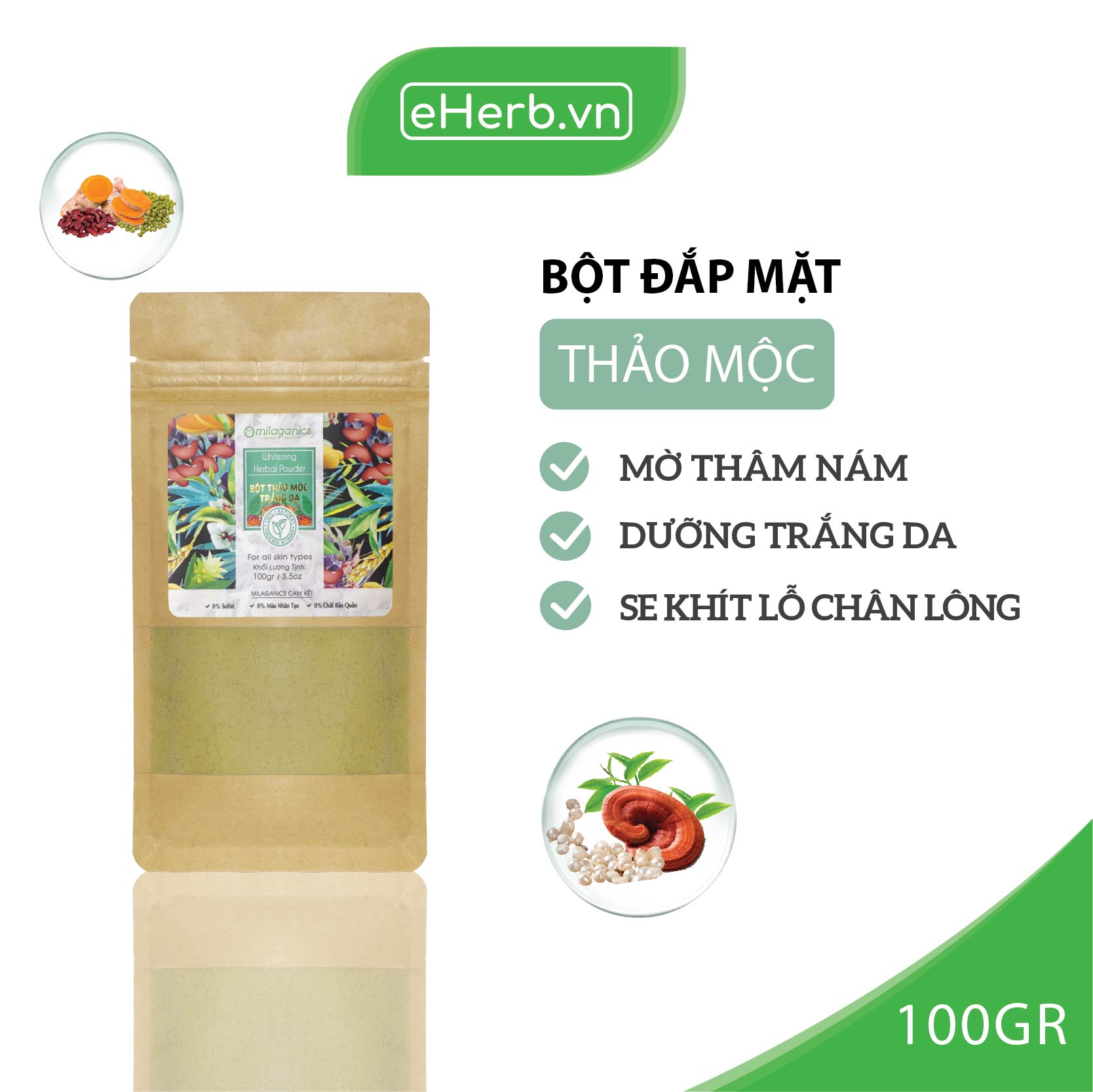 Bột Thảo Mộc Nguyên Chất Đắp Mặt Nạ Dưỡng Trắng Da Mờ Thâm Nám Milaganics 100G (Túi Kraft)